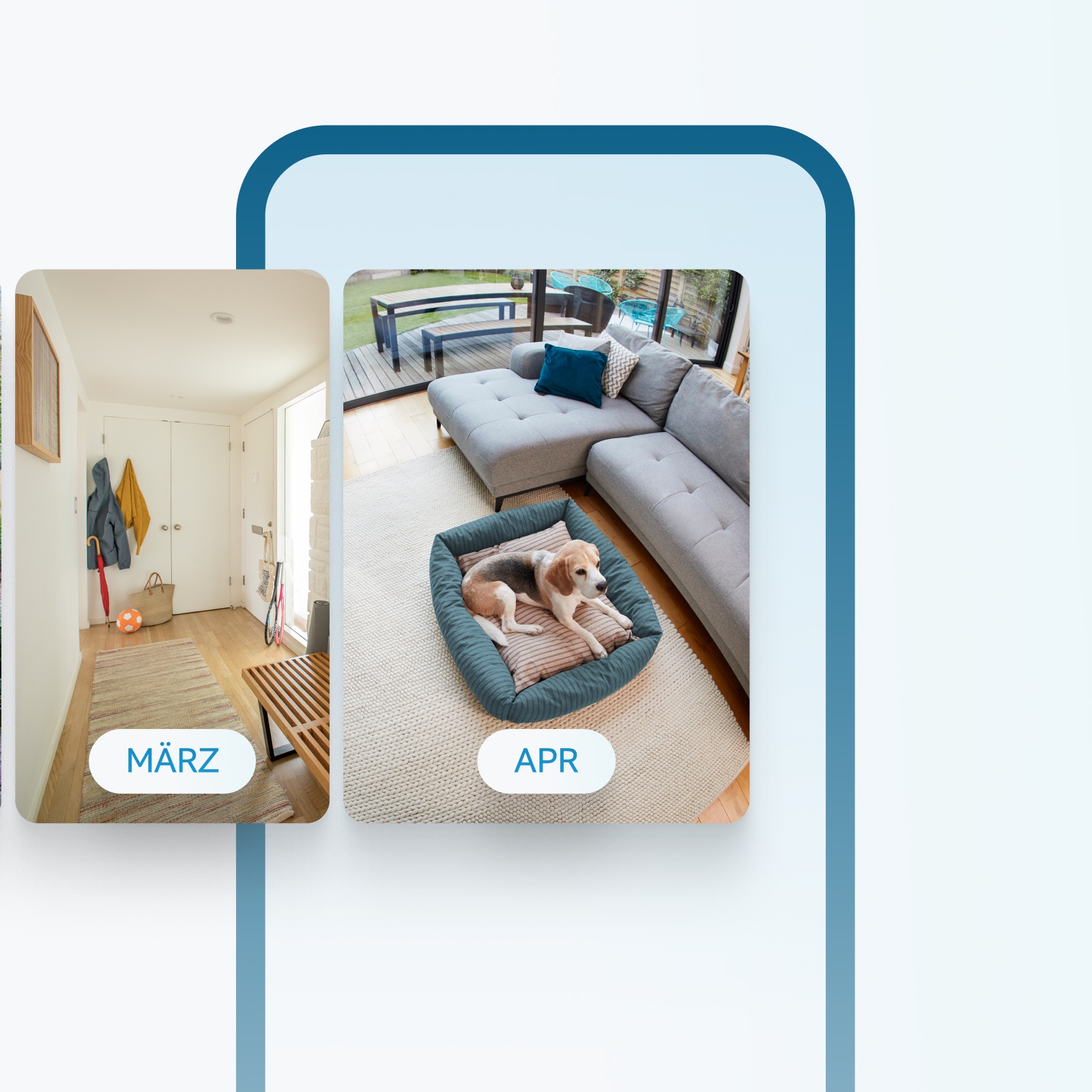 Ansichten von Flur und Wohnzimmer mit Hund im Bett, zeigt monatlich gespeicherte Video-Ereignisse mit Ring Home.