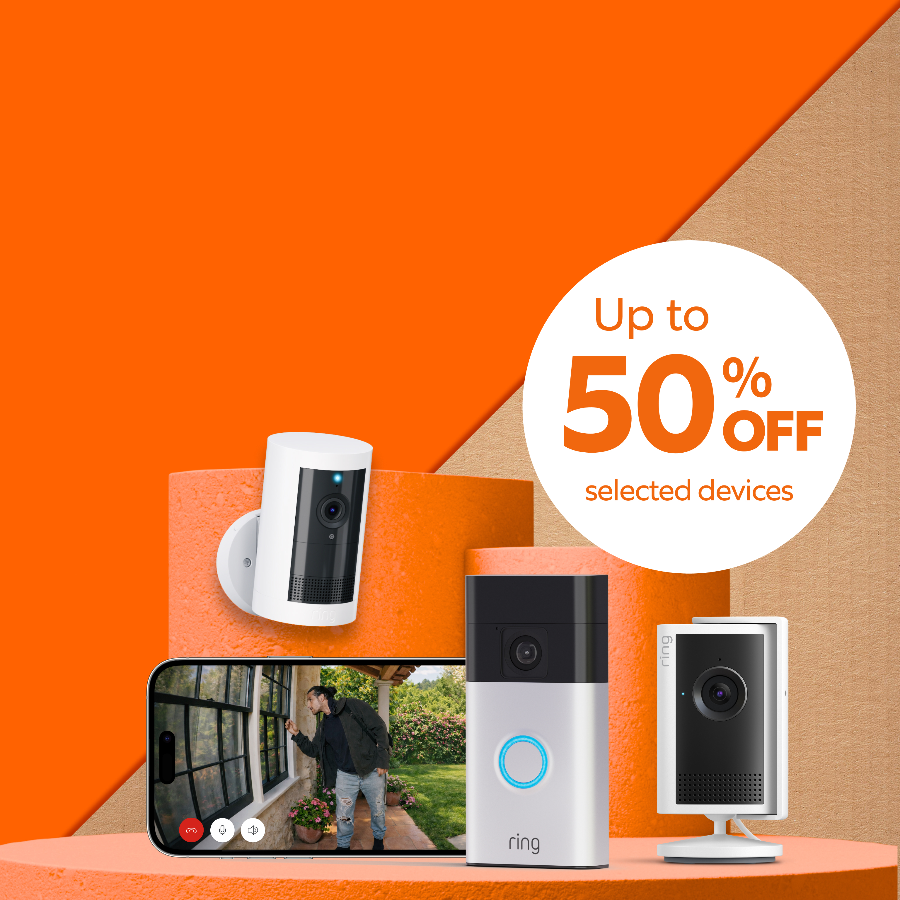 Orange background with Ring Video Doorbell and Ring Indoor and Outdoor cameras. Text says up to 50% off selected devices.