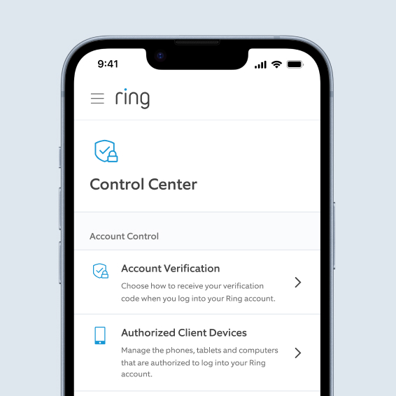 Smartphone displaying Ring app Control Centre with options to manage account verification and authorised devices.