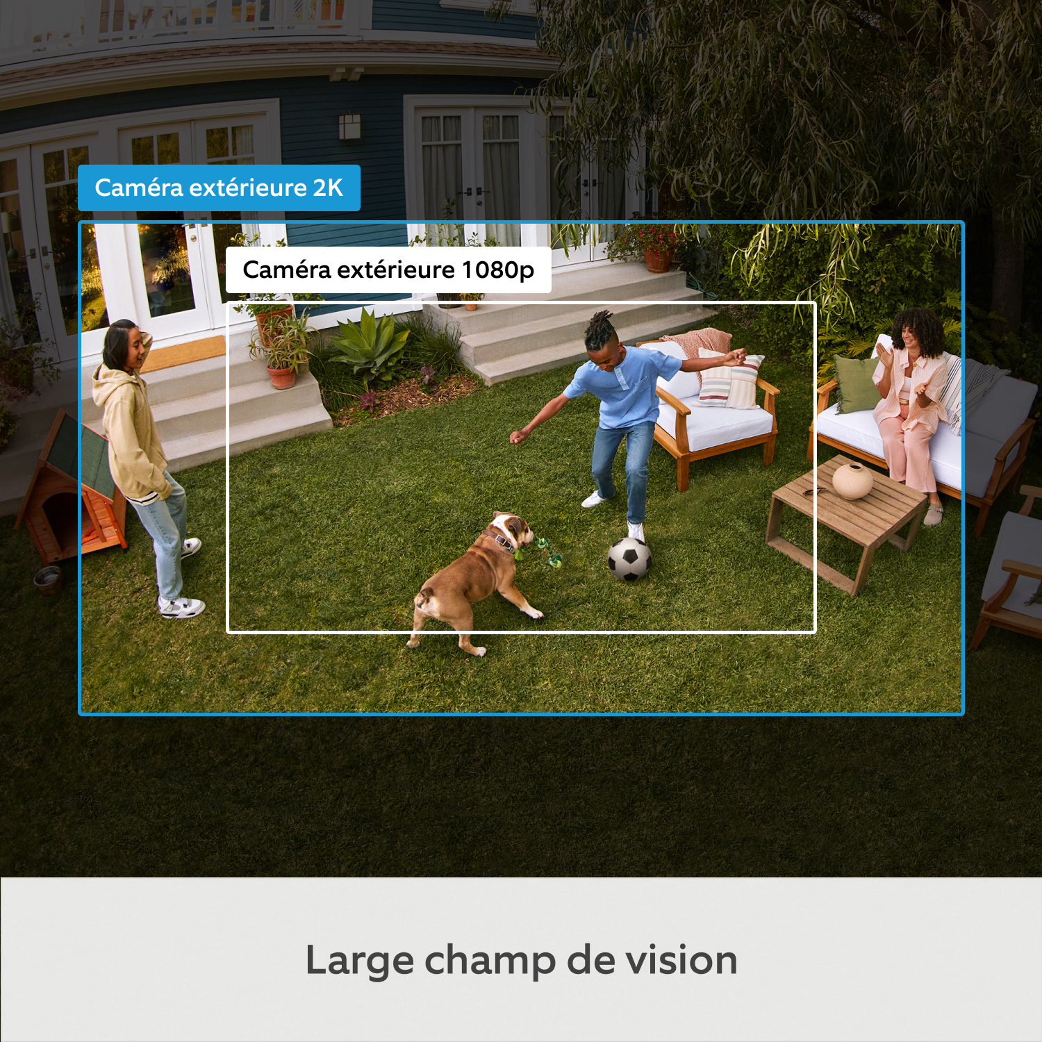 Caméra extérieure sur batterie (nouvelle génération) (for Outdoor Camera Battery) - Comparaison des champs de vision Ring Outdoor Cam 2K et 1080p. Scène de jardin ; la 2K capture plus que la 1080p.