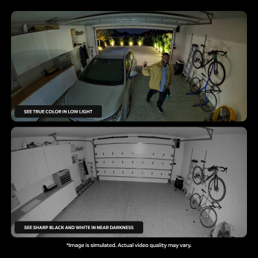Ring Indoor Camera 4K night vision: full-colour garage footage in low light above, sharp black-and-white view in near darkness below.