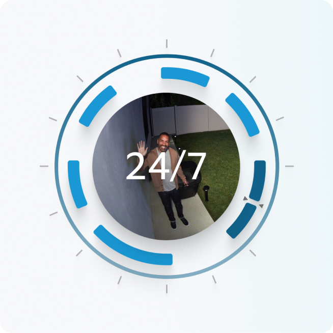 Man waves at doorbell camera at night, framed by 24/7 graphic symbolising continuous video recording.