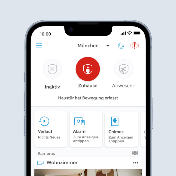 Smartphone zeigt Ring App-Dashboard mit Sicherheitsmodi, Gerätestatus und Live-Kamerabild der Haustür.