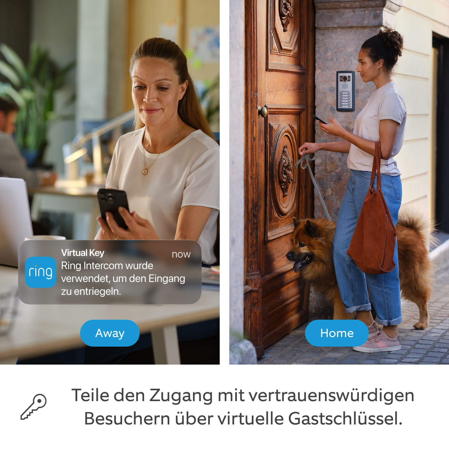 Ring Intercom Video + Schnellwechsel-Akkupack + Ladestation - Geteilter Bildschirm: Frau prüft Audio-Benachrichtigung in Ring App und Frau mit Hund wartet vor einer Tür.