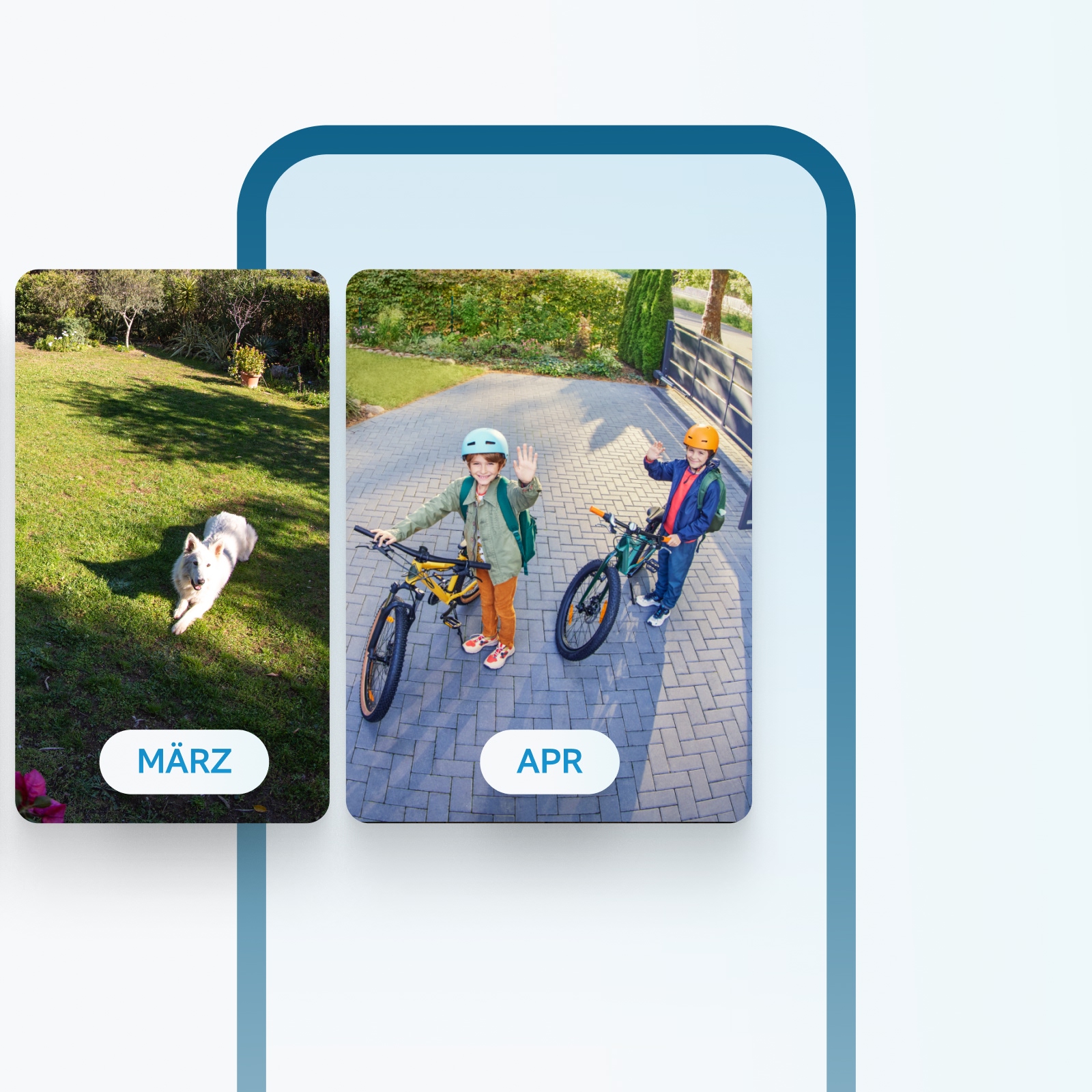 Zeitleiste zeigt Hund im Garten im März und Kinder auf Fahrrädern im April, aufgenommen von Ring Sicherheitskamera.