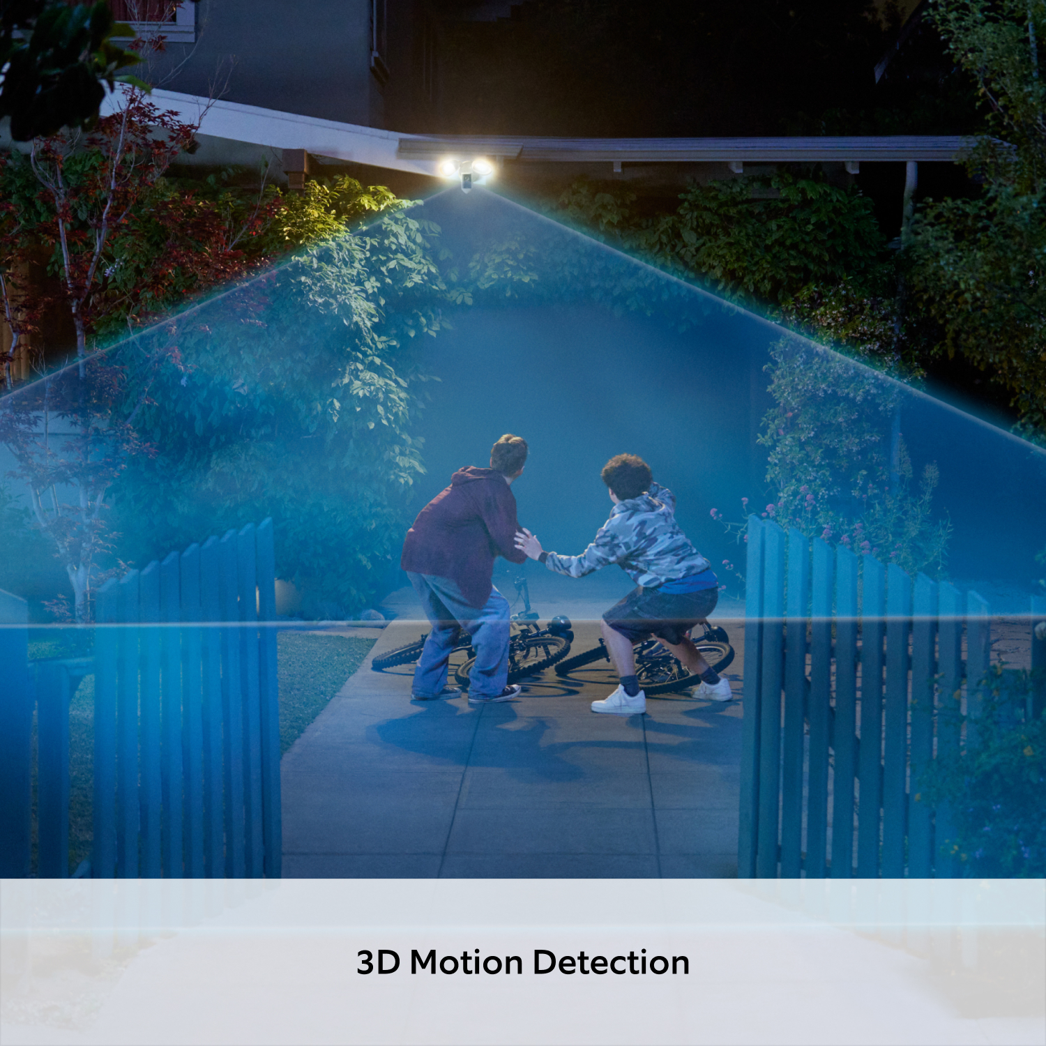 Floodlight Cam Pro (newest gen) (for Featuring Retinal 4K) - Suspicious-looking teens on garden path, near bikes at night. Pre-selected 3D Motion Detection zone highlighted on image