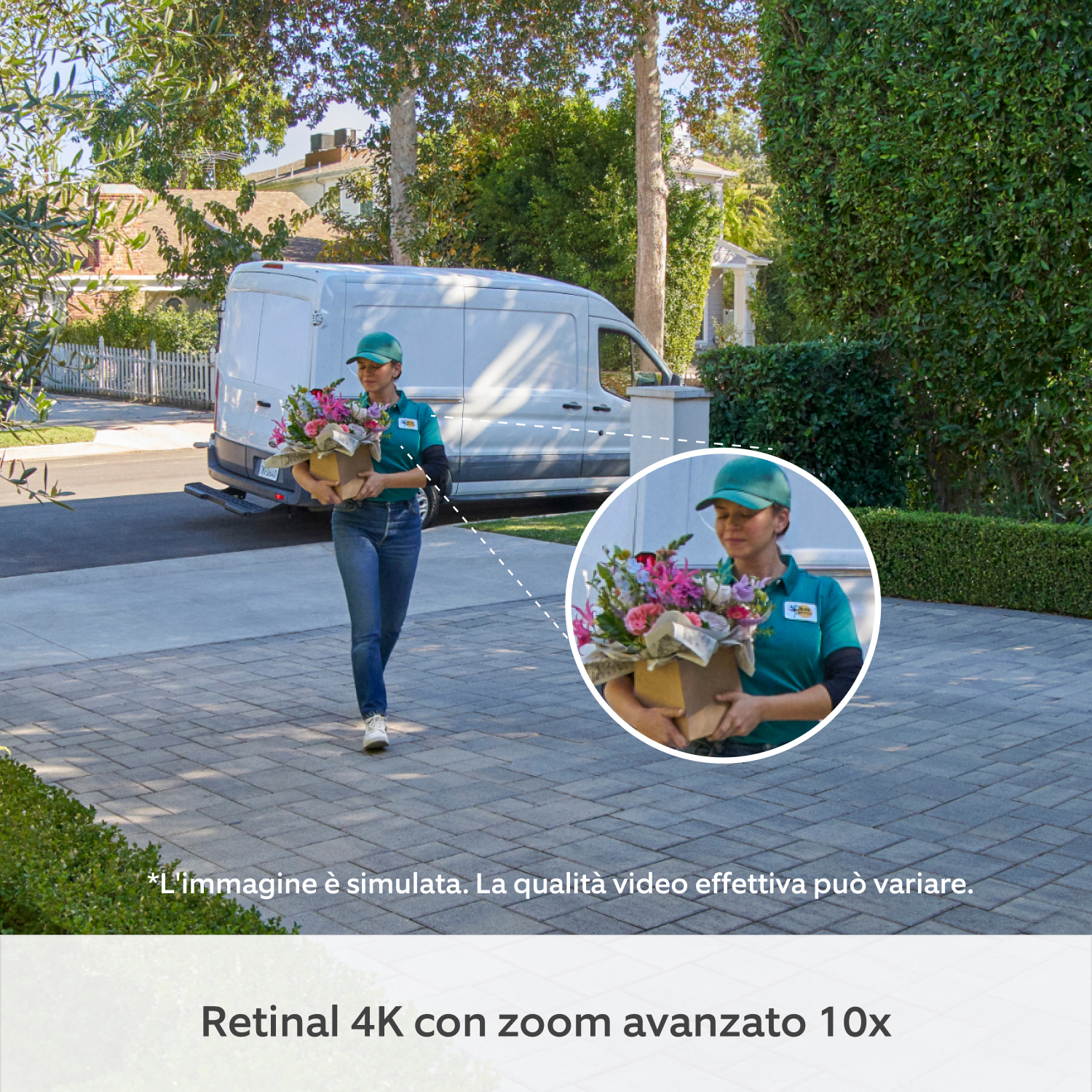 Videocitofono Pro a batteria (ultimo modello) (for Battery Video Doorbell Pro)  - Il corriere entra nel vialetto con in mano un mazzo di fiori; sezione dell'immagine ingrandita sulla parte superiore del corpo