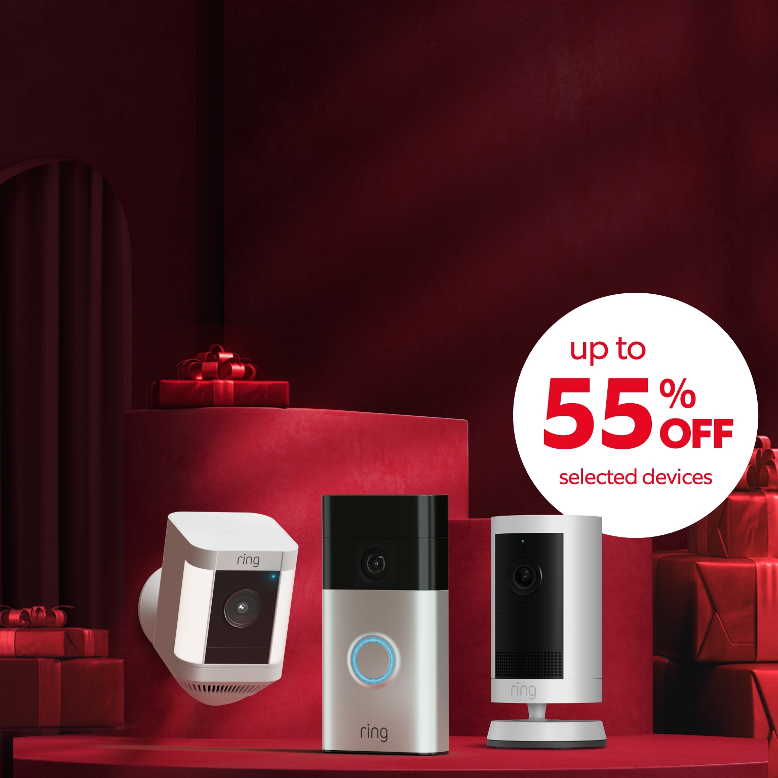 Dark red background with Ring Video Doorbell and Ring Indoor and Outdoor cameras. Text says up to 55% off selected devices