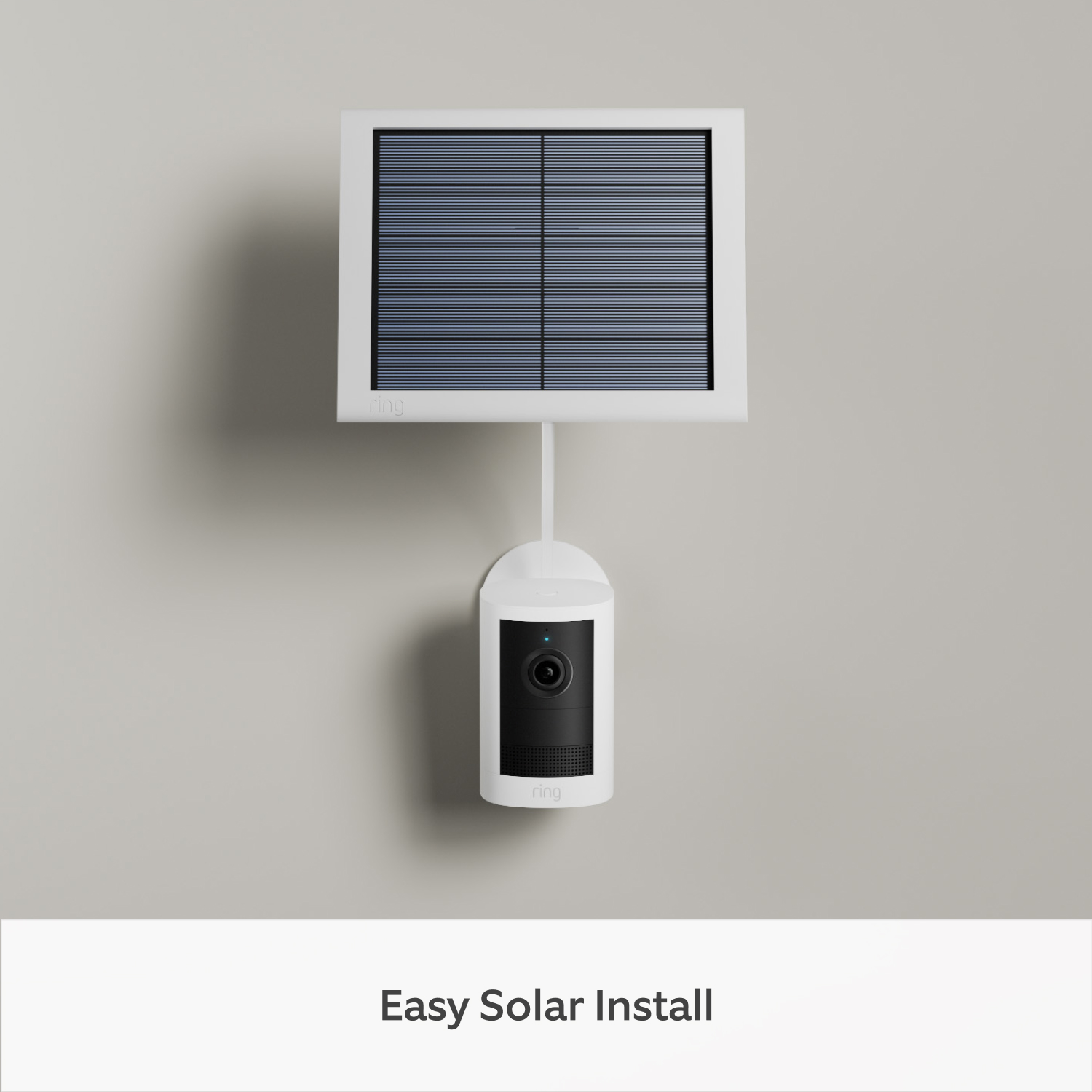 Outdoor Camera Solar (newest generation) - Ring Outdoor Camera (2nd Gen) with solar panel on a grey background. Features 'Easy solar installation' text