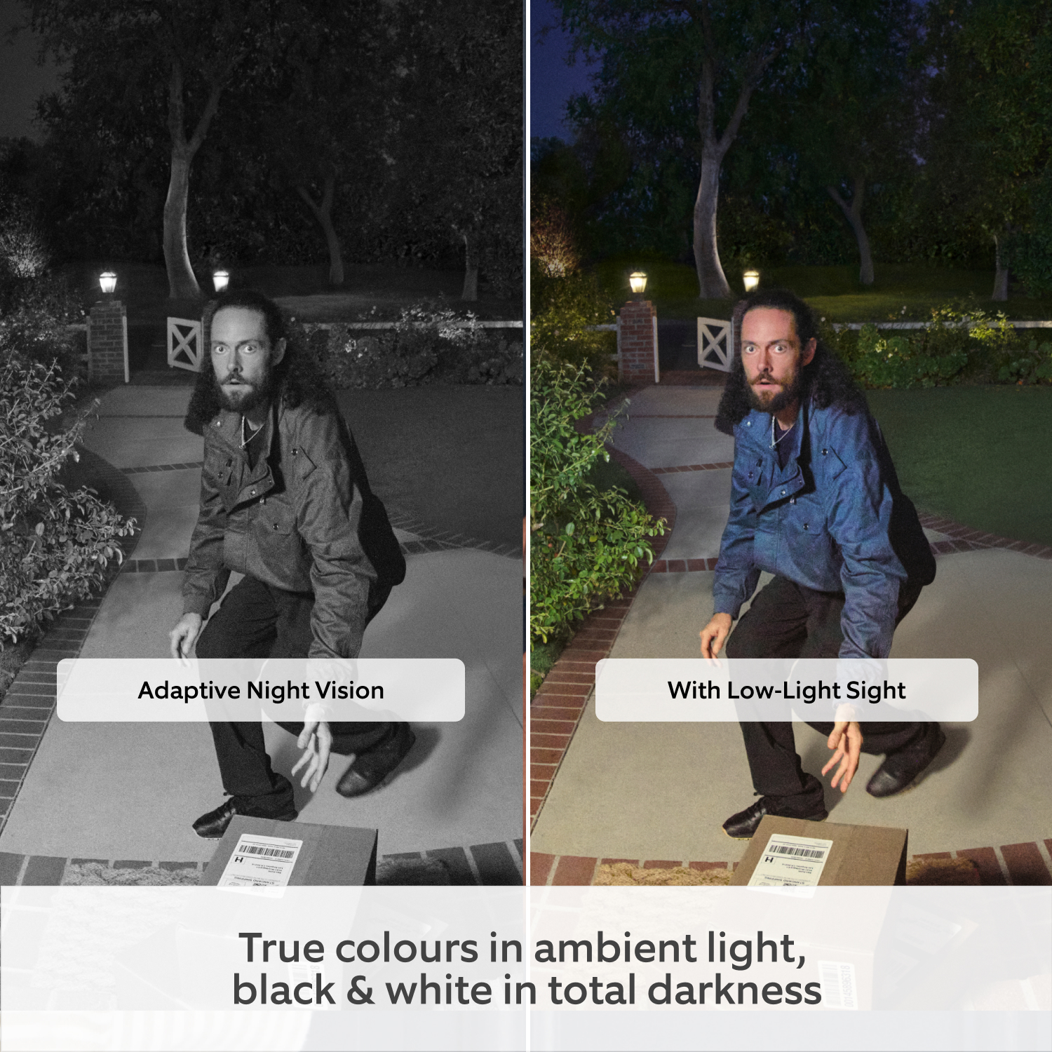 Battery Video Doorbell Plus (newest generation) (for Featuring Retinal 2K) - Split-screen image showing the difference in image quality with and without Low-Light Sight and Adaptive Night Vision