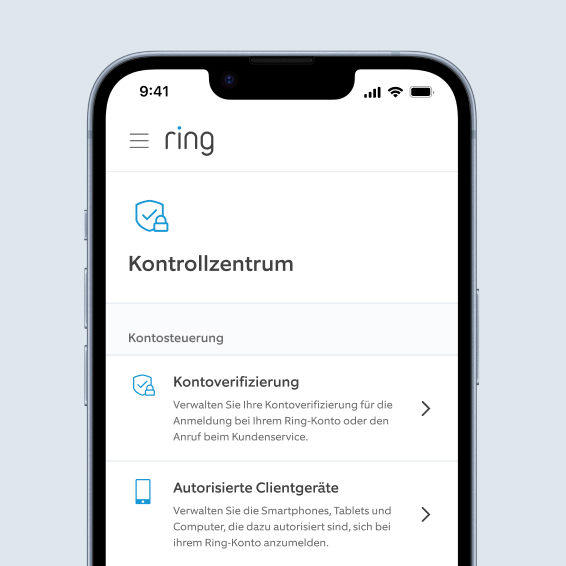 Ring App Kontrollzentrum-Bildschirm mit Optionen zur Kontoüberprüfung und Verwaltung autorisierter Geräte.