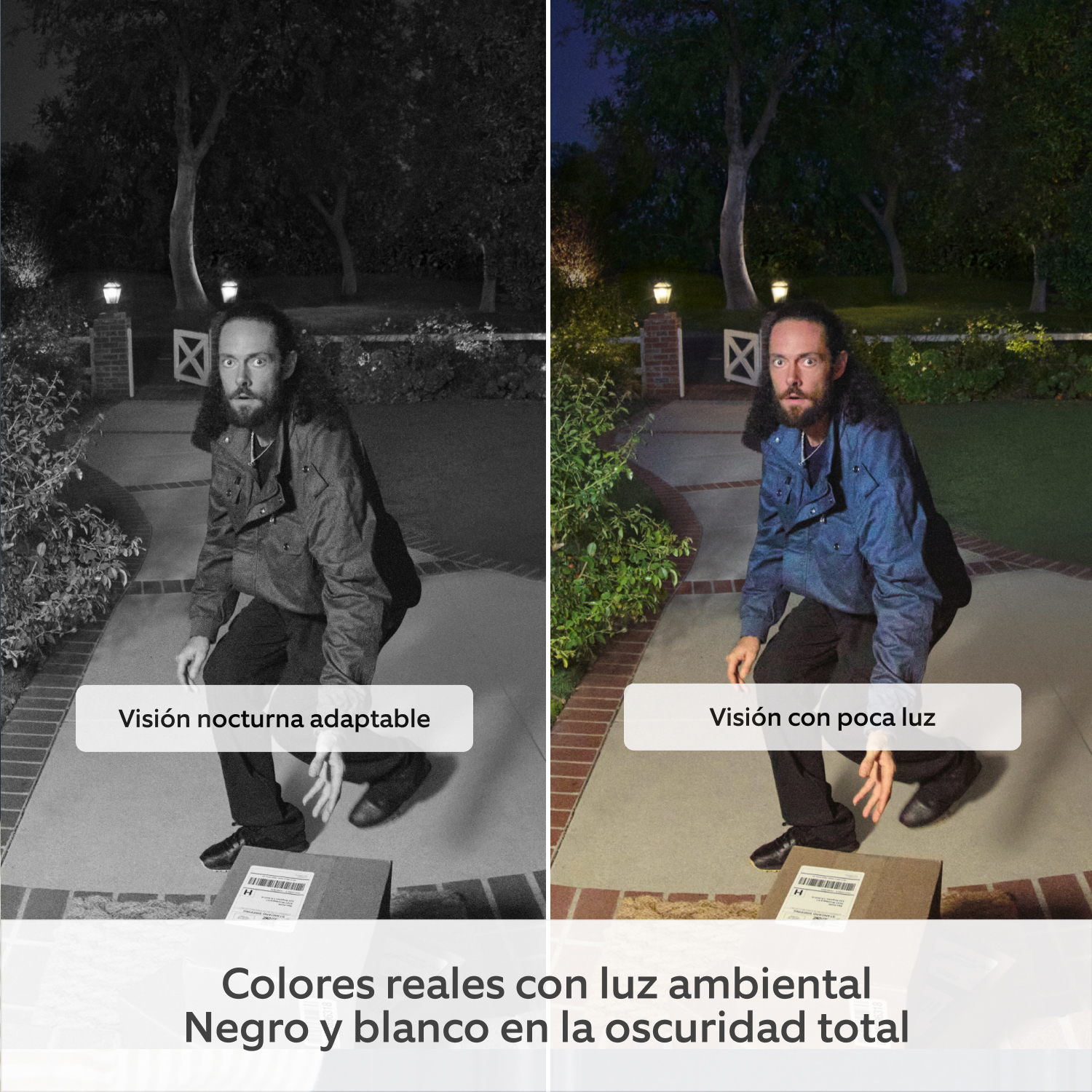 Videotimbre Plus con batería (última generación) (for Battery Video Doorbell Plus) - Pantalla dividida de una imagen que muestra la diferencia en la calidad de imagen con y sin visión con poca luz y visión nocturna adaptable