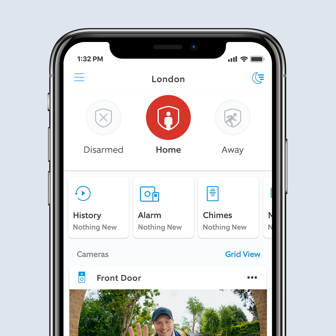 Ring app screen showing Home mode active, device status summaries, and live camera view from the front door.
