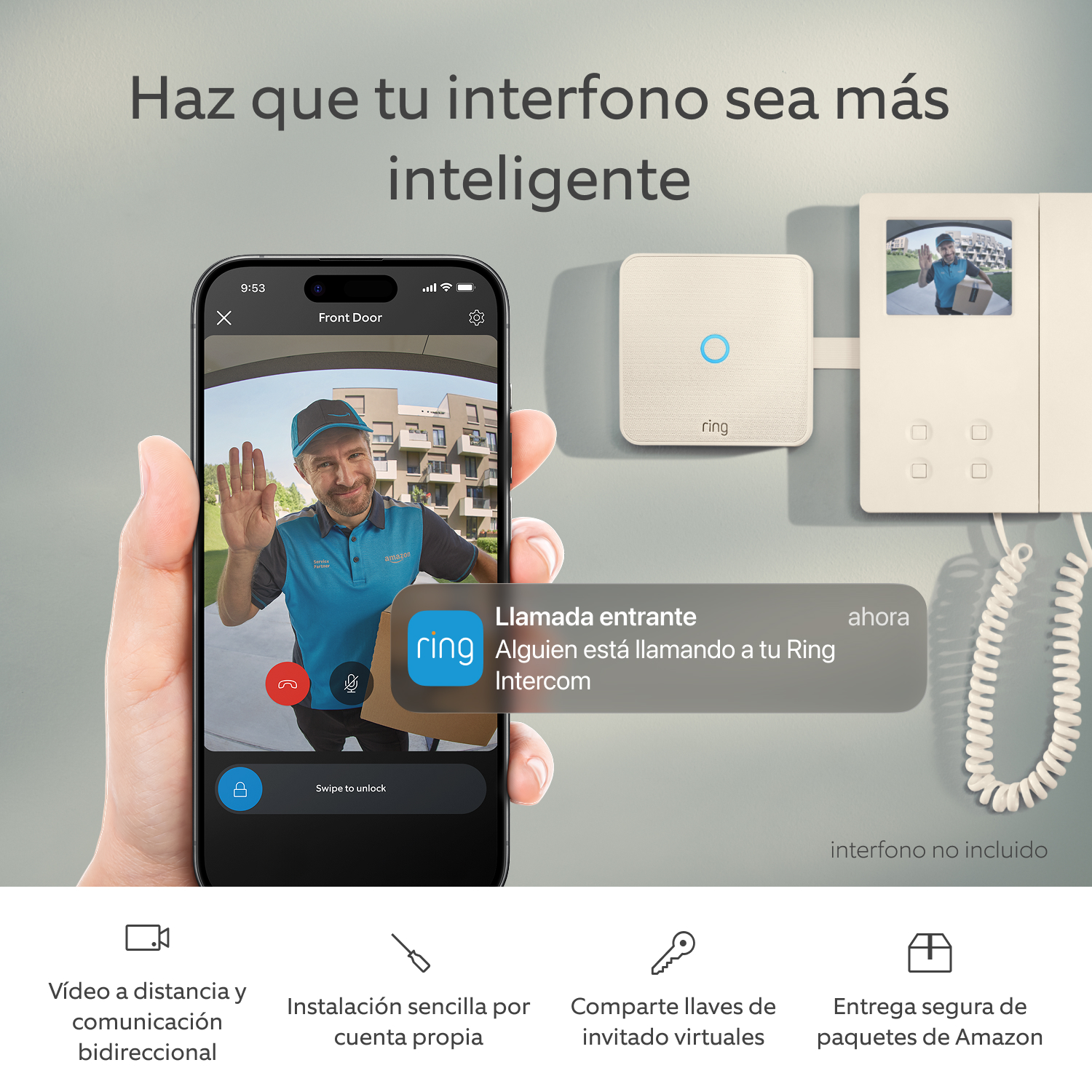 Ring Intercom Video + Batería recargable - Una mano sosteniendo un smartphone en el que se muestra la transmisión de vídeo de la app de Ring. Al fondo, se ve Ring Intercom Video.