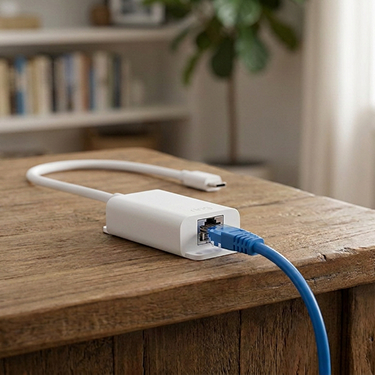PoE+ to USB-C Indoor Adapter connected to a blue Ethernet cable on a wooden table
