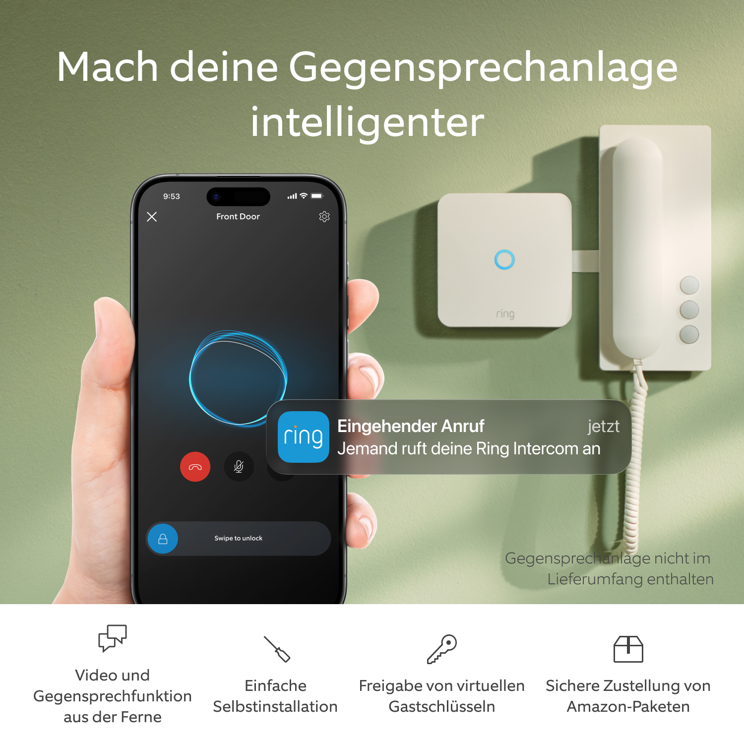 Ring Video-Türspion 54-75mm + Ring Intercom Audio (Door View Cam + Ring Intercom Audio) - Eine Hand, die ein Smartphone hält, auf dem eine Audioübertragung in der Ring-App zu sehen ist. Im Hintergrund die Ring Intercom Audio