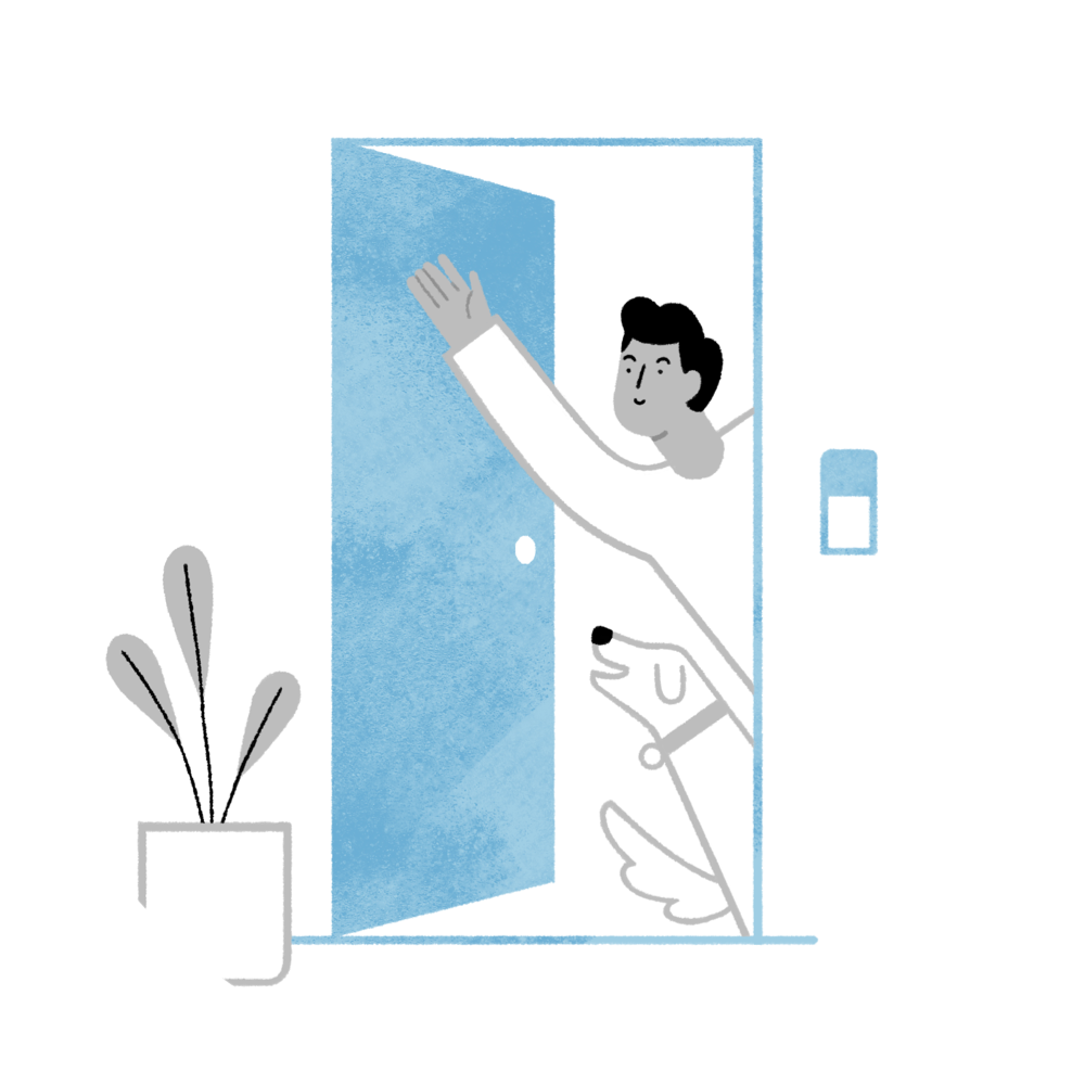 Illustration of a person waving and a dog from an open door, symbolising Ring's commitment to privacy transparency.