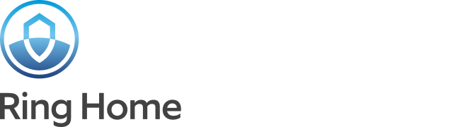 Logo bleu Ring Home avec bouclier au-dessus du texte 