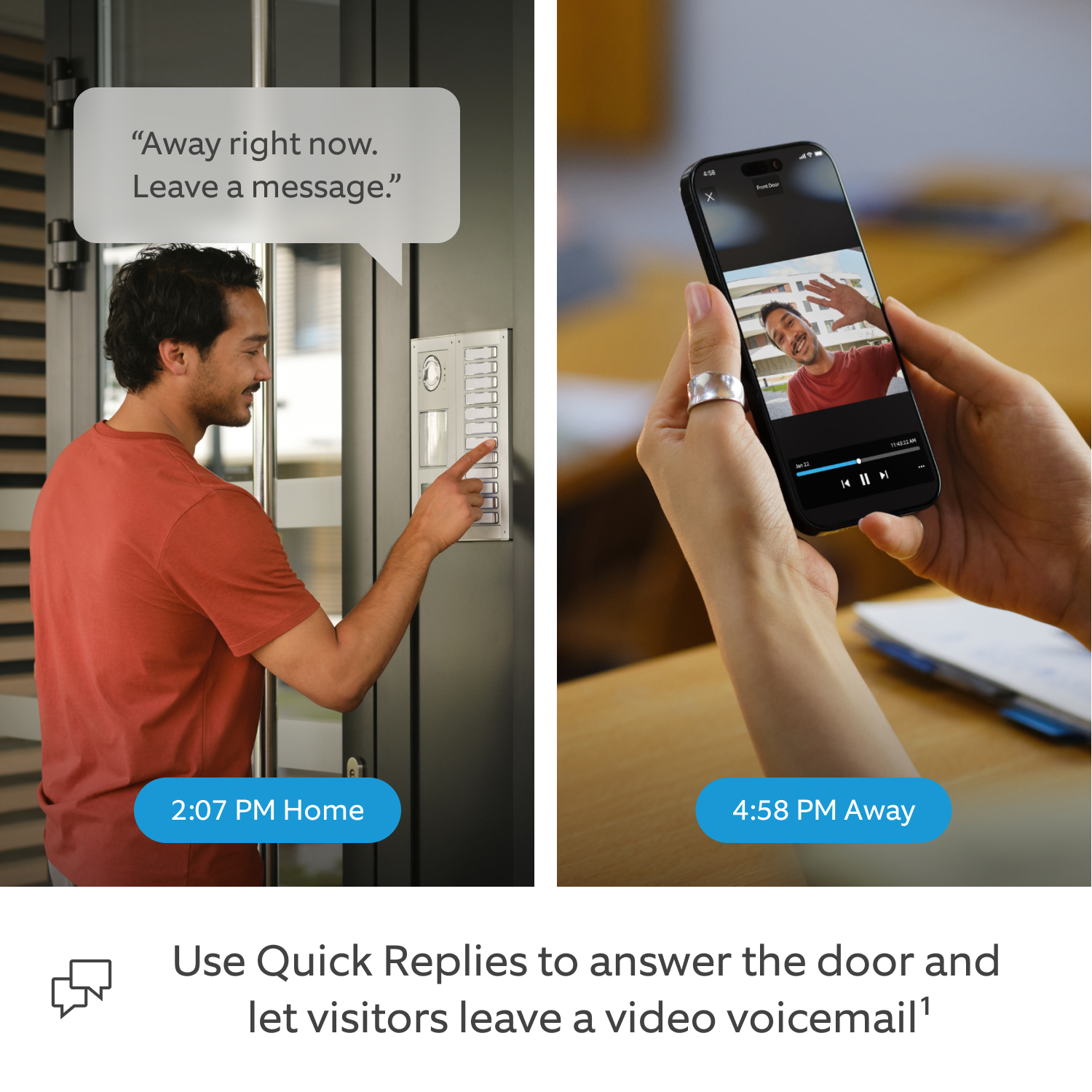 Ring Intercom Video + Quick Release Battery Pack + Charging Station - A split screen between a jogger buzzing the main intercom and hearing a prerecorded message (Quick Reply), and a student latert in the day rewatching the video voicemail left by the jogger.