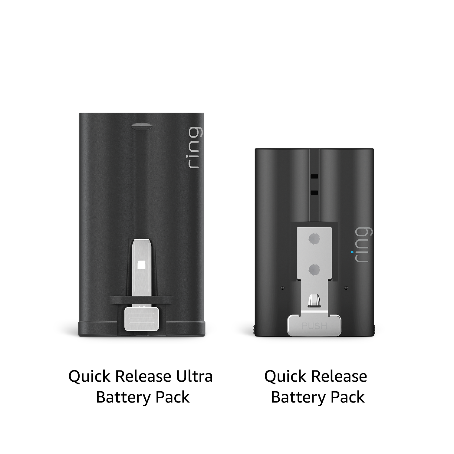 Quick Release Ultra Battery Pack (for Battery Video Doorbell Plus (2nd Gen), Battery Video Doorbell Pro (2nd Gen)) - Size comparison showing larger Quick Release Ultra Battery Pack on the left and smaller Quick Release Battery Pack on the right