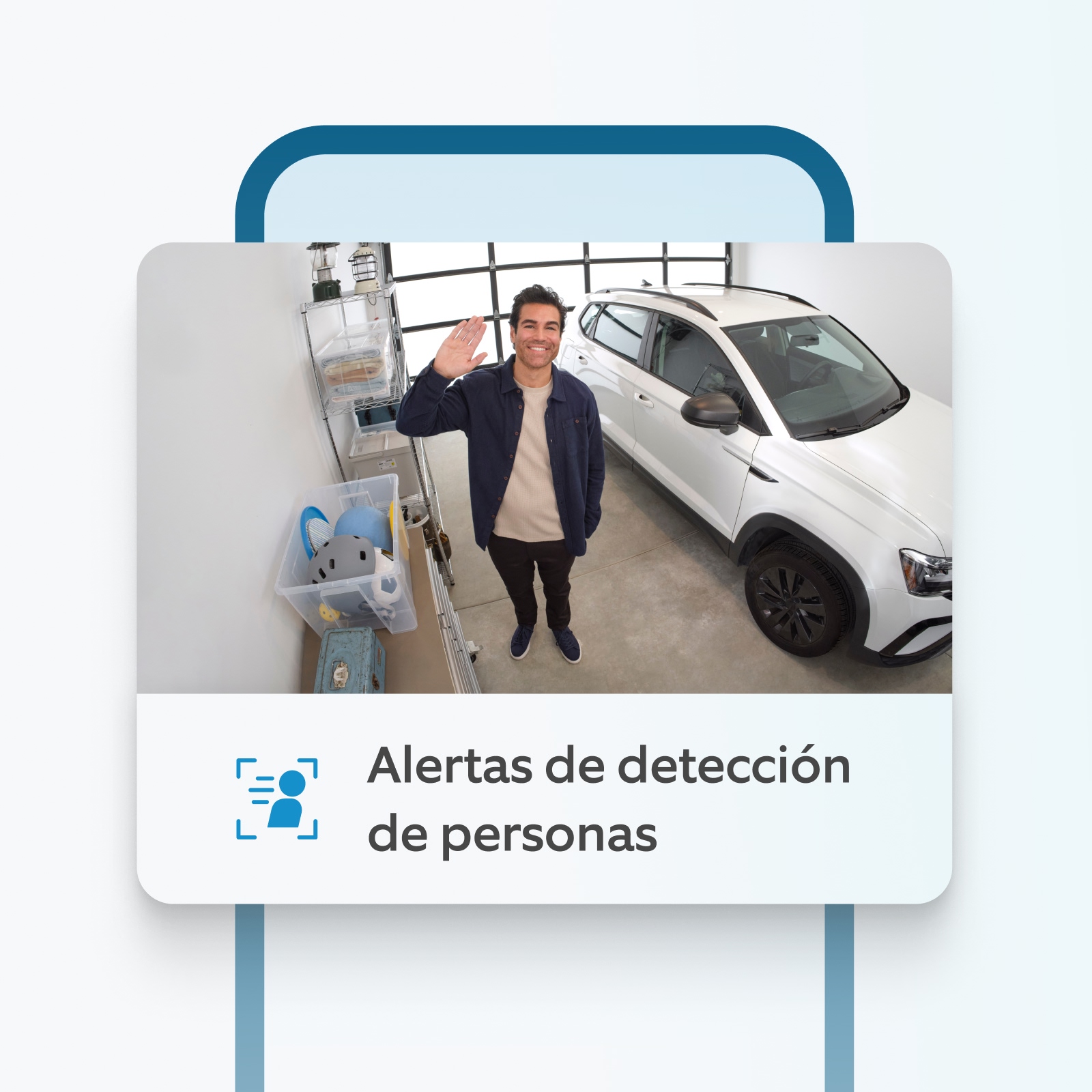 Cámara Ring Indoor detecta hombre saludando en garaje cerca del auto, con alerta Persona Detectada.