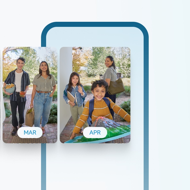 Snapshots of visitors at the door in March and April shown in the Ring app's 180-day video event history timeline.