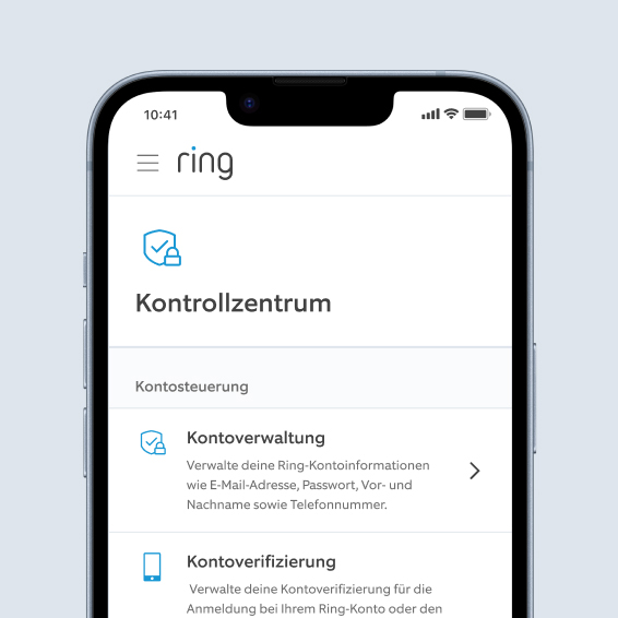 Smartphone zeigt Ring App-Kontrollzentrum mit Optionen zur Verwaltung der Kontoüberprüfung und autorisierten Geräte.