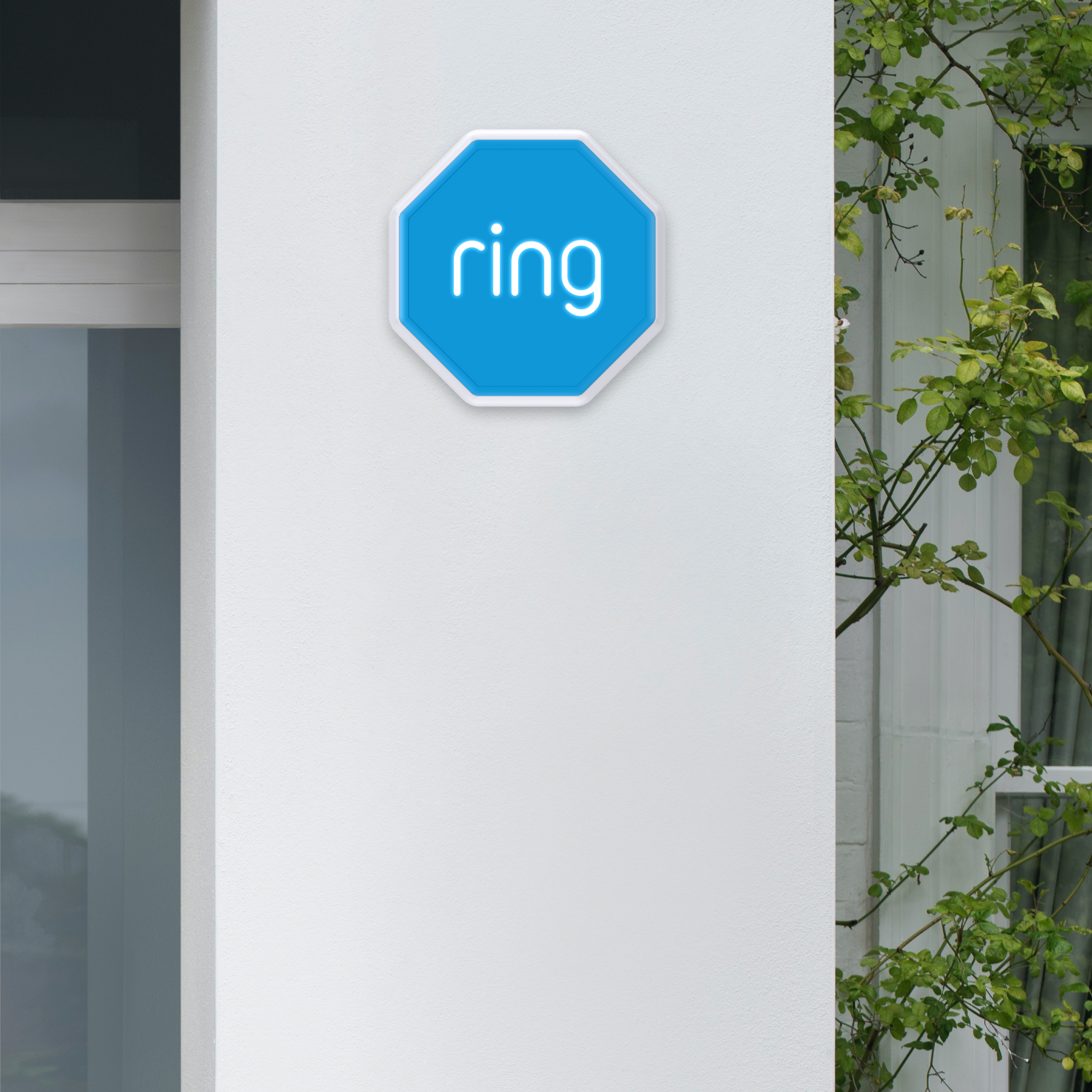 Blue Ring Outdoor Siren mounted on exterior wall, alerting neighbours with flashing lights and adjustable volume siren.