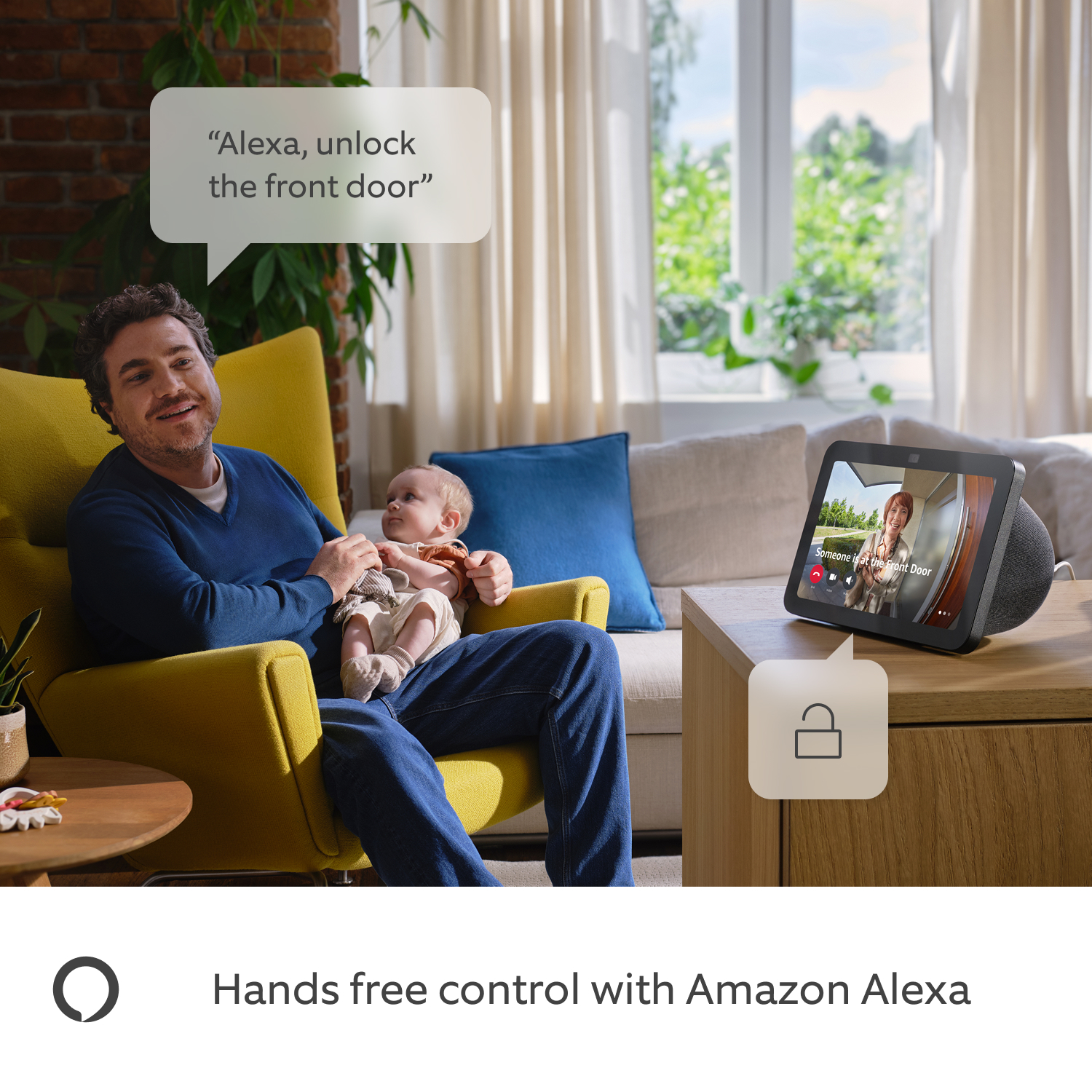 Ring Intercom Video + Quick Release Battery Pack - A dad holding his kid and talking to Alexa.