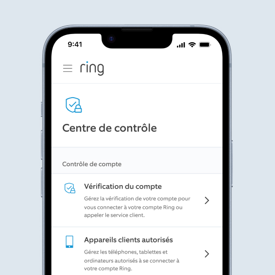 Smartphone affichant le Centre de contrôle de l'app Ring avec options de gestion des appareils autorisés et vérification.