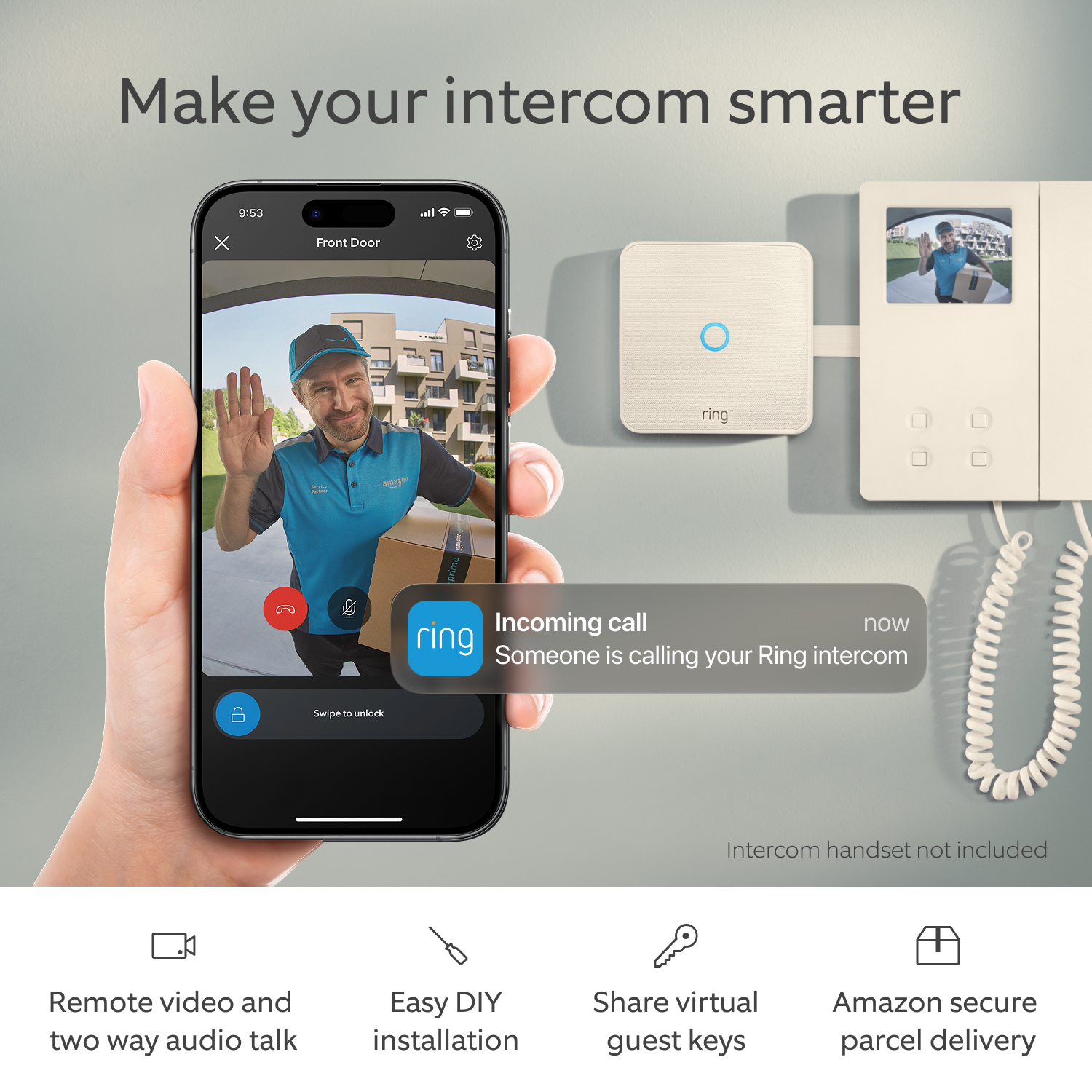 Ring Intercom Video - A hand holding a smartphone with the Ring App on the Video feed. In the background the Ring Intercom Video.