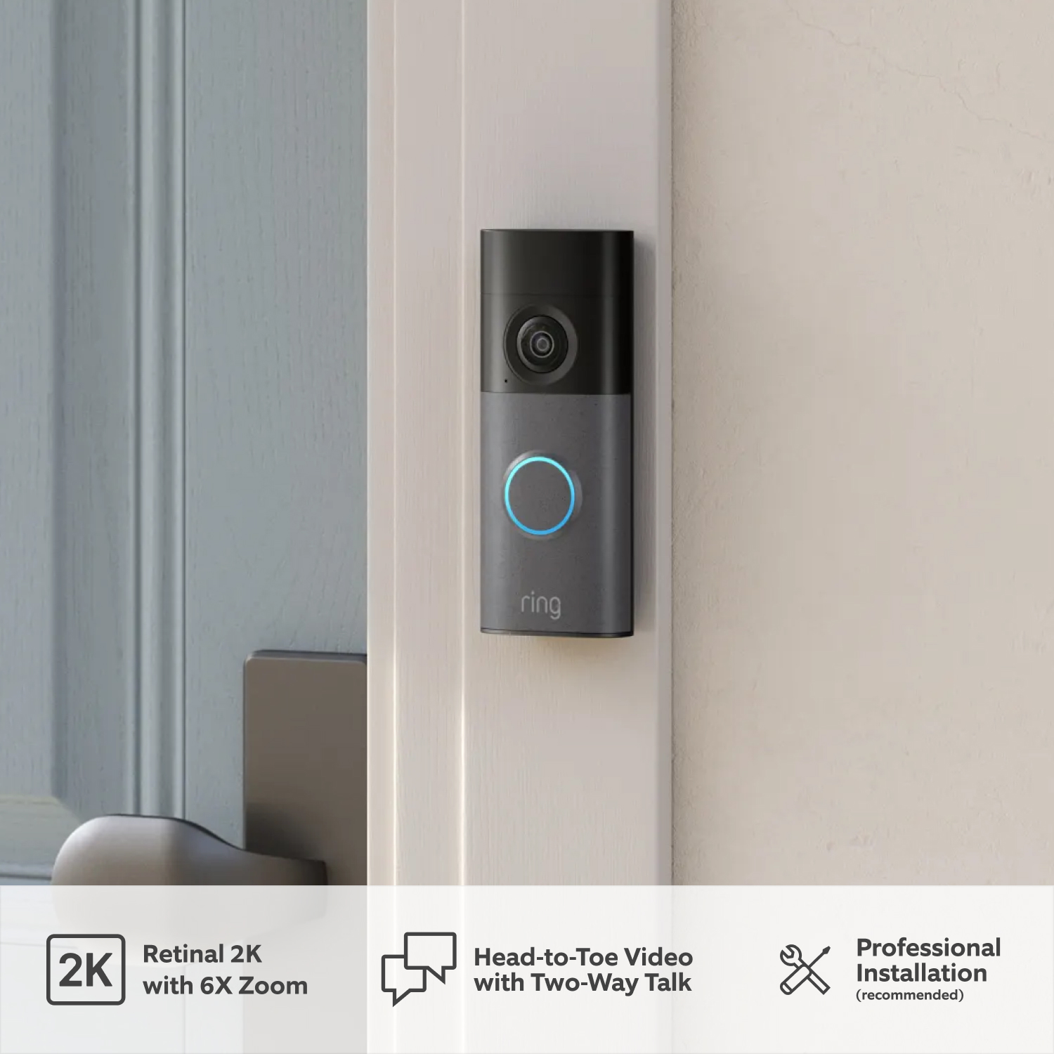 Wired Video Doorbell (newest generation) (for Featuring Retinal 2K) - Wired Video Doorbell (2nd Gen) mounted to a door post.