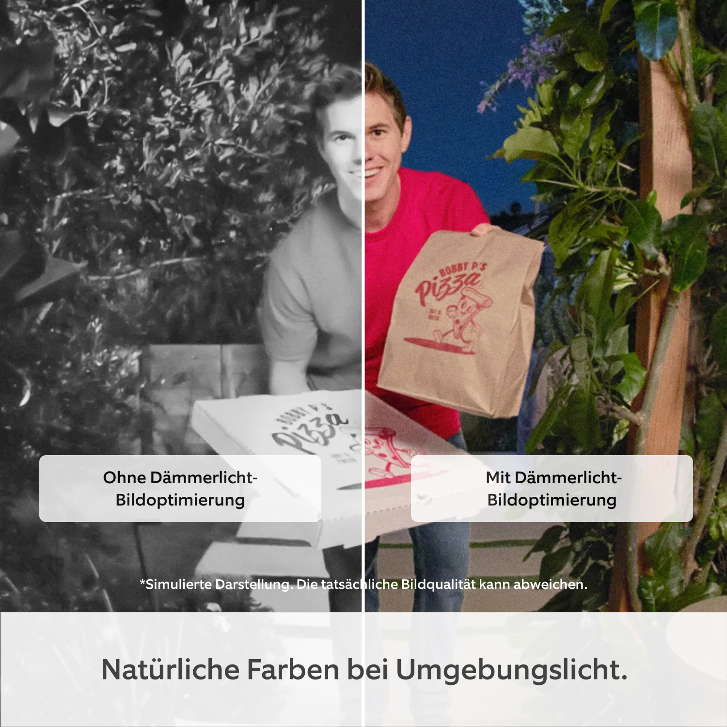 Videotürklingel Elite Kabel (neueste Generation) (for Wired Video Doorbell Elite (2. Gen.)) - Geteilter Bildschirm mit einem Bild, das eine Pizzalieferung zeigt. Die linke Seite ist in Schwarzweiß und auf dem Bild steht: „Ohne Dämmerlicht-Bildoptimierung“. Die rechte Seite ist vollfarbig und auf dem Bild steht: „Mit Dämmerlicht-Bildoptimierung“.