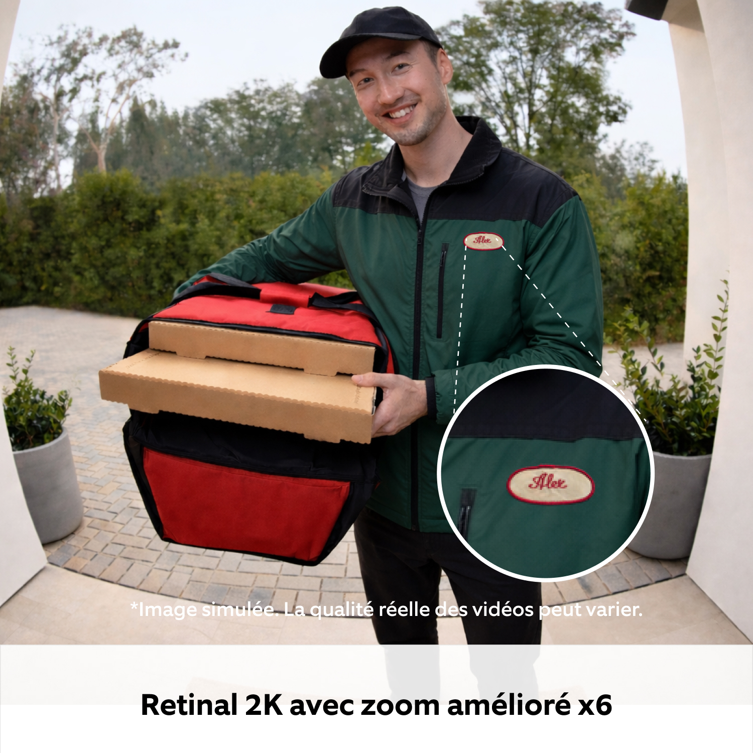 Sonnette vidéo sans fil (nouvelle génération) (for Battery Video Doorbell) - Livreur de pizza à la porte d'entrée avec une section de l'image zoomée sur son badge nominatif