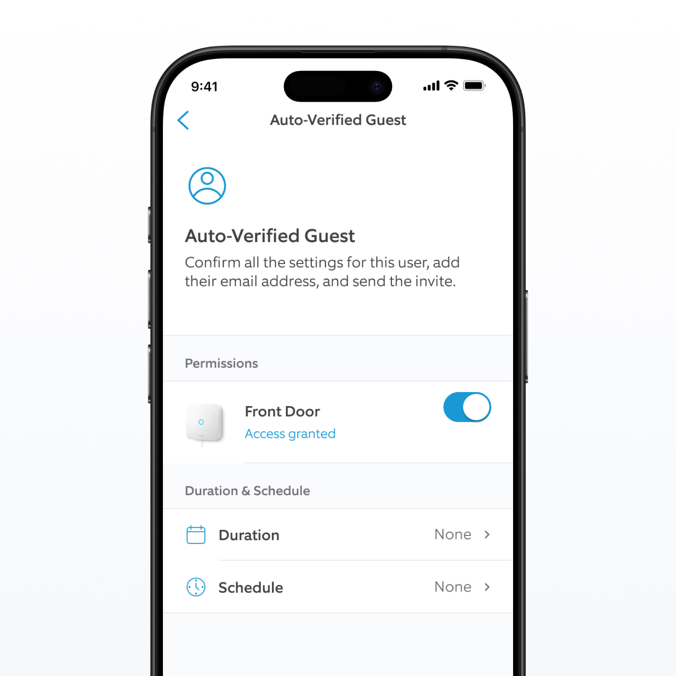 Een schermafbeelding van de Ring-app met de virtuele gastsleutel.