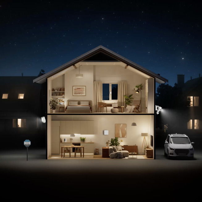 Two-story home cutaway showing active Ring devices, highlighting DIY setup and smart security features.