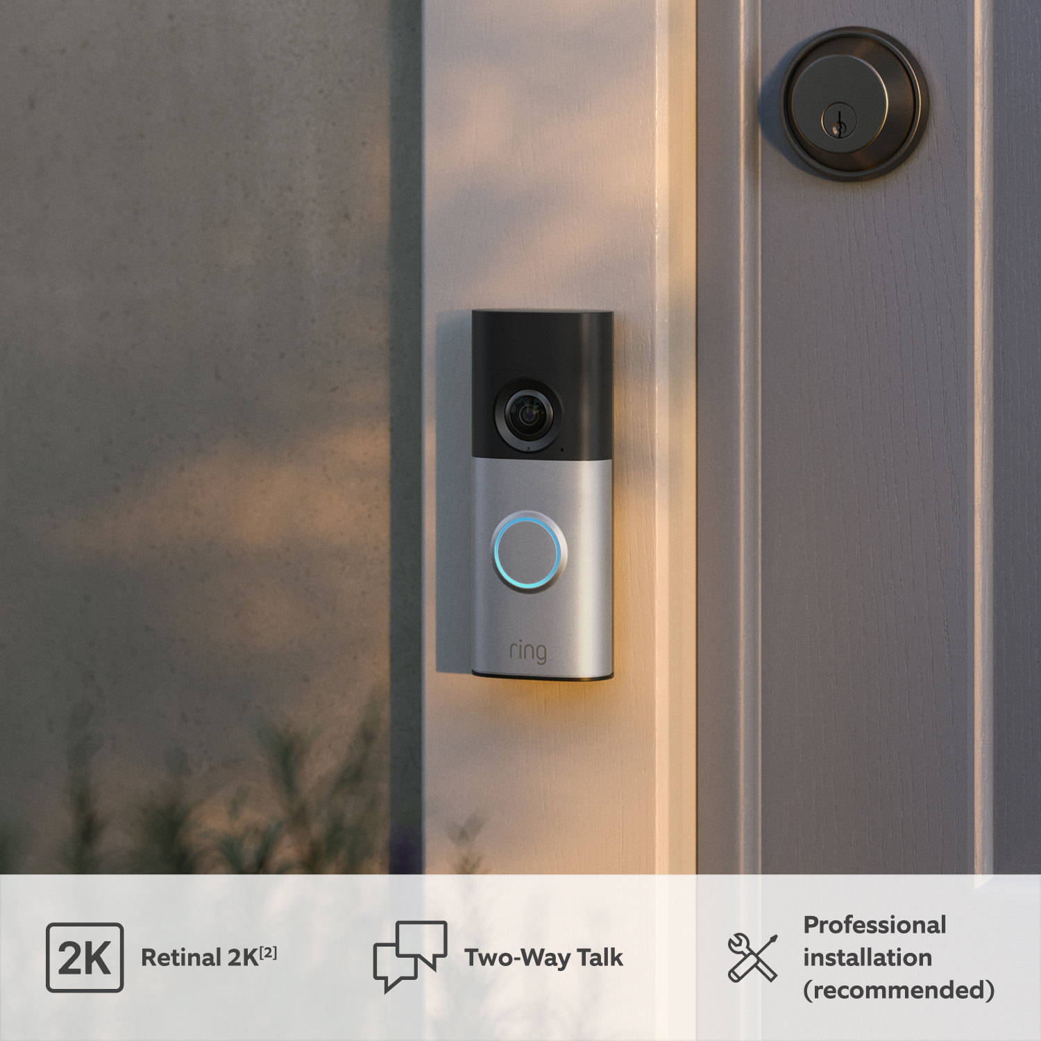 Wired Video Doorbell Plus (Featuring Retinal 2K) - Wired Video Doorbell Plus mounted near door with panel showing Retinal 2K, Two-way Talk and Professional installation