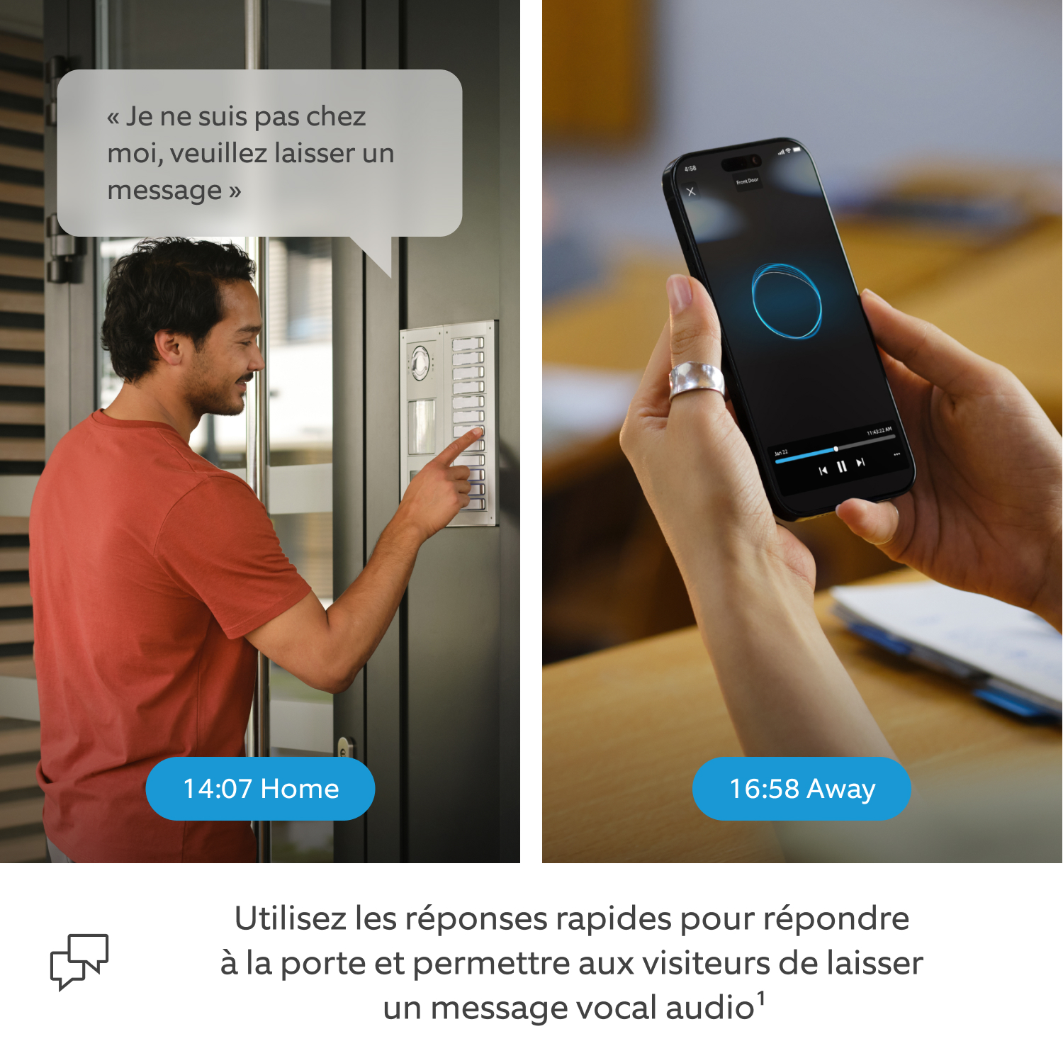 Judas vidéo sans fil 54-75mm avec Ring Intercom Audio (Door View Cam + Ring Intercom Audio) - Écran partagé entre un joggeur qui sonne à l'interphone principal et entend un message préenregistré (réponse rapide), et une étudiante qui, plus tard dans la journée, visionne le message vocal audio laissé par le joggeur.