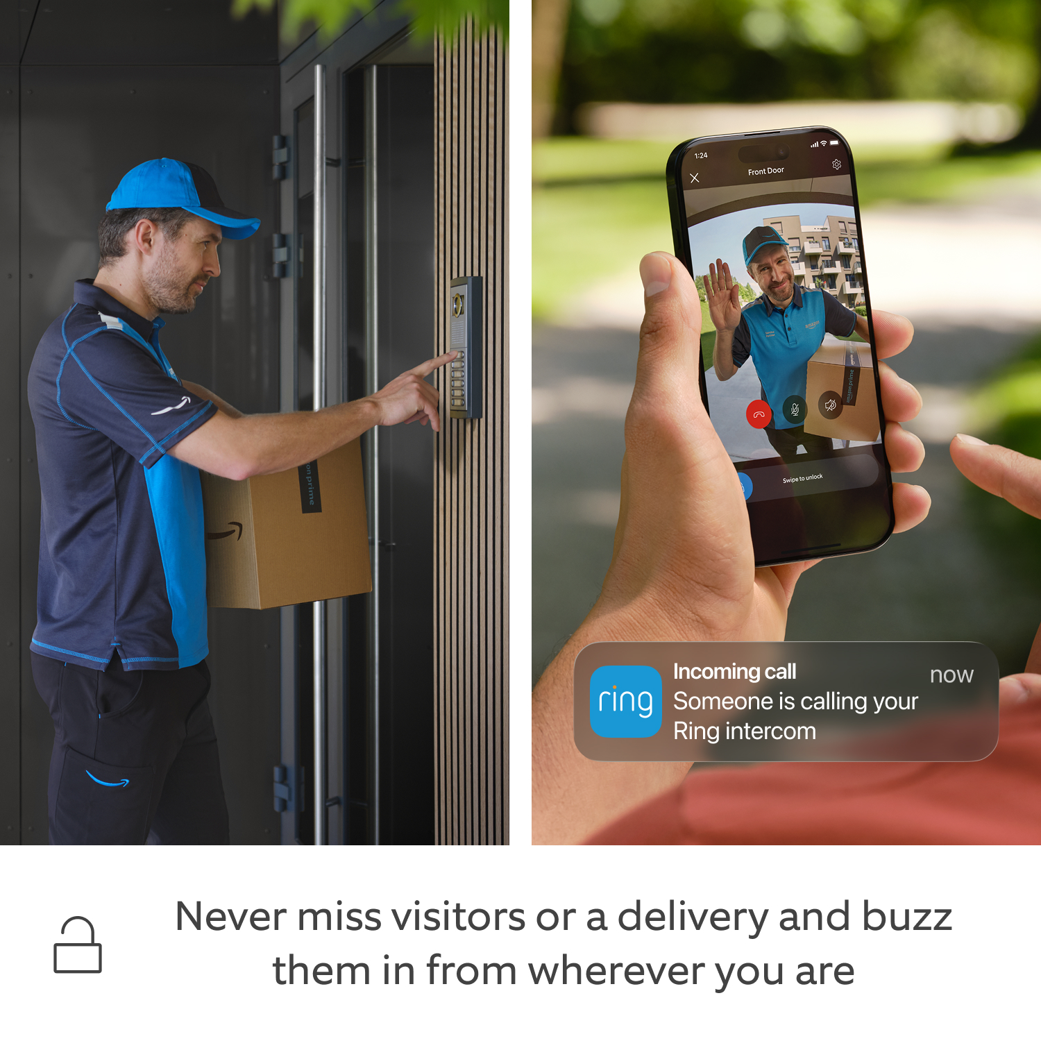 Ring Intercom Video + Quick Release Battery Pack + Charging Station - A split screen between a delivery guy buzzing a building intercom and a jogger that received a push notification and is checking the audio feed on the Ring app.