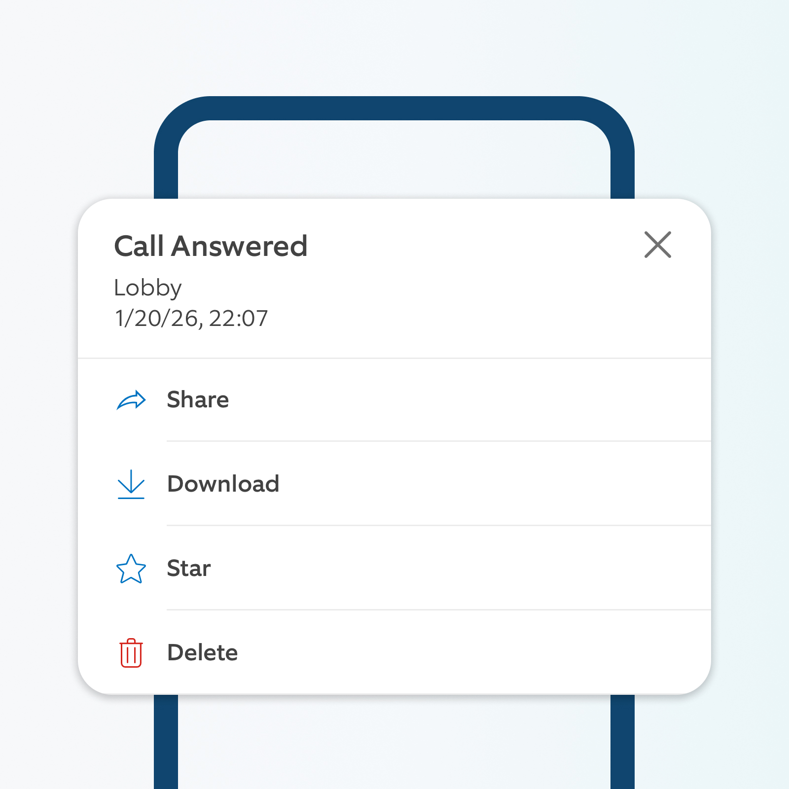 Smartphone screen of Ring App showing notification of call answered with the options, share, download, start and delete.