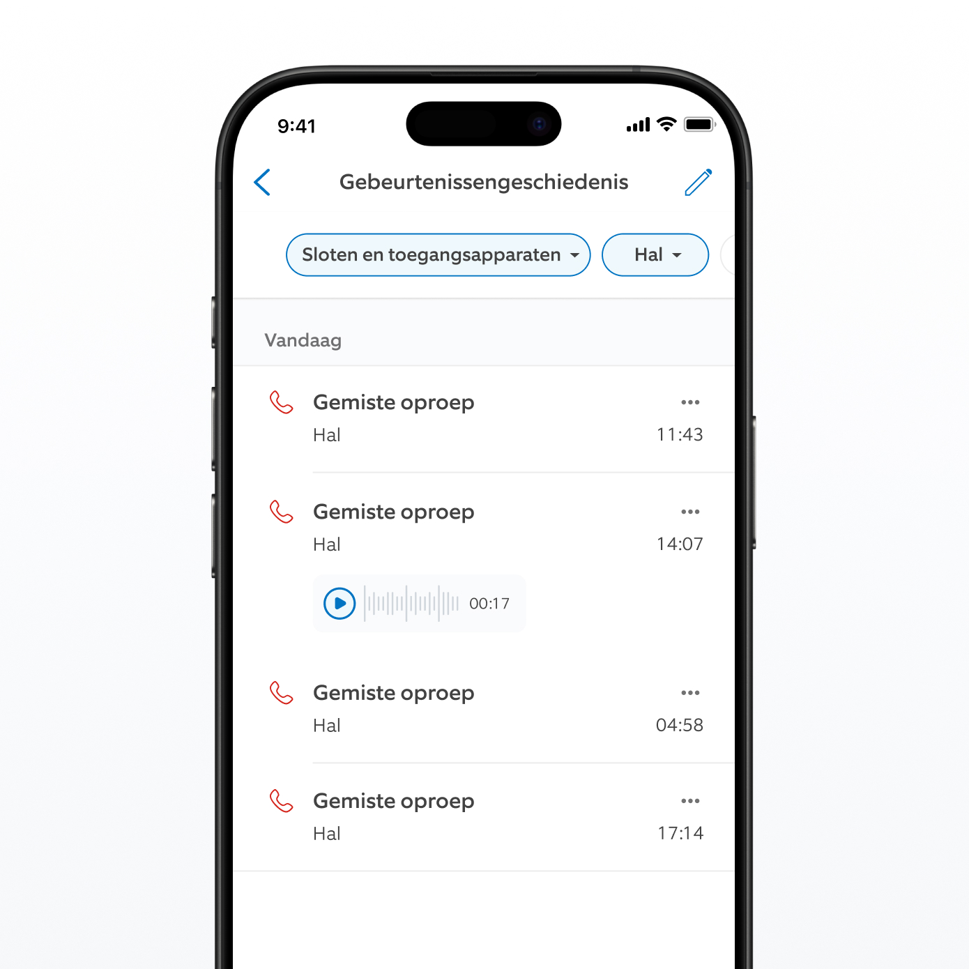 Een schermafbeelding van de Ring-app met de tijdlijn van gebeurtenissen.