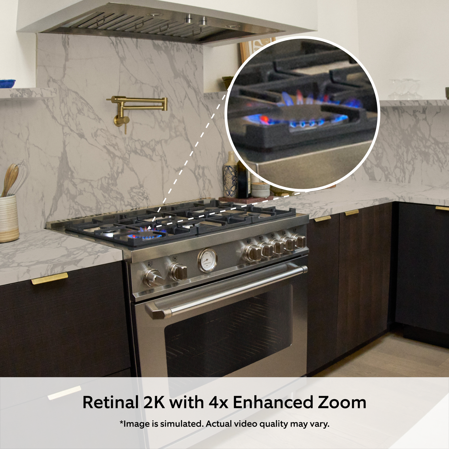 4-Pack Indoor Camera Plus (Featuring Retinal 2K) - Close-up of gas stove with burners. Inset shows a zoomed in view of a lit burner with blue flames against marble backsplash