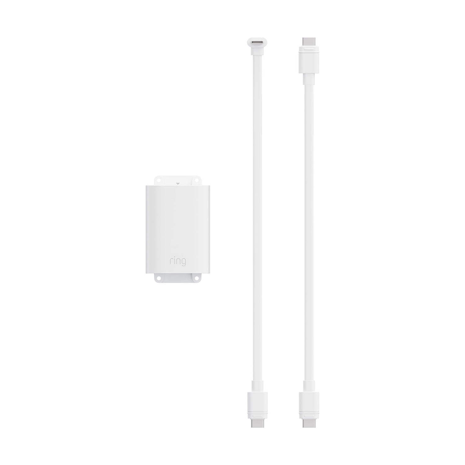 PoE+ to USB-C Indoor Adapter (Indoor Camera 4K and Outdoor Camera 4K Plus) - Three white Ring components on a white background: a mountable adapter block and two USB-C cables, one right-angled and one straight