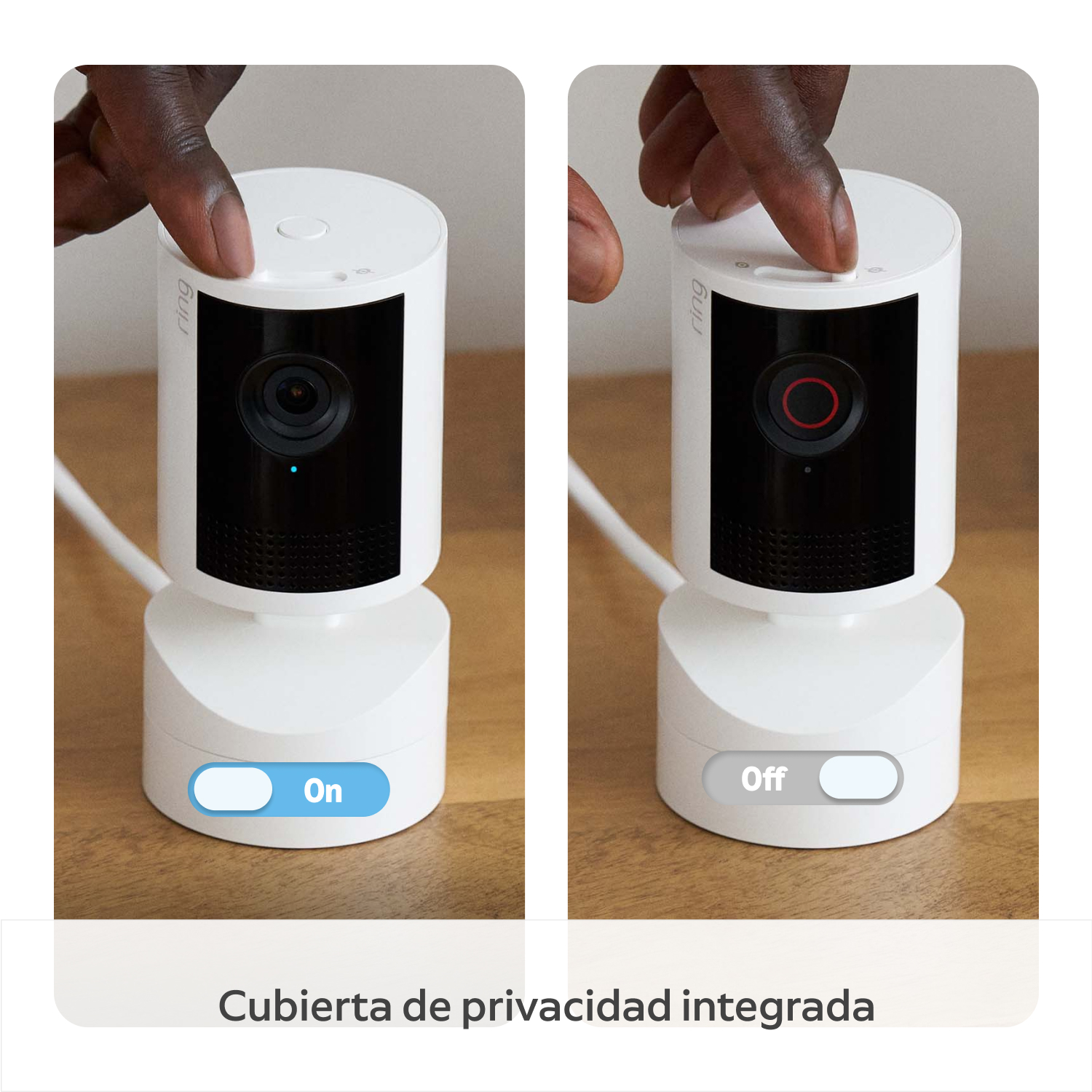 Pan-Tilt Indoor Camera 2K - Primer plano de Pan-Tilt Indoor Camera 2K blanca mientras una persona desliza la cubierta de privacidad integrada.