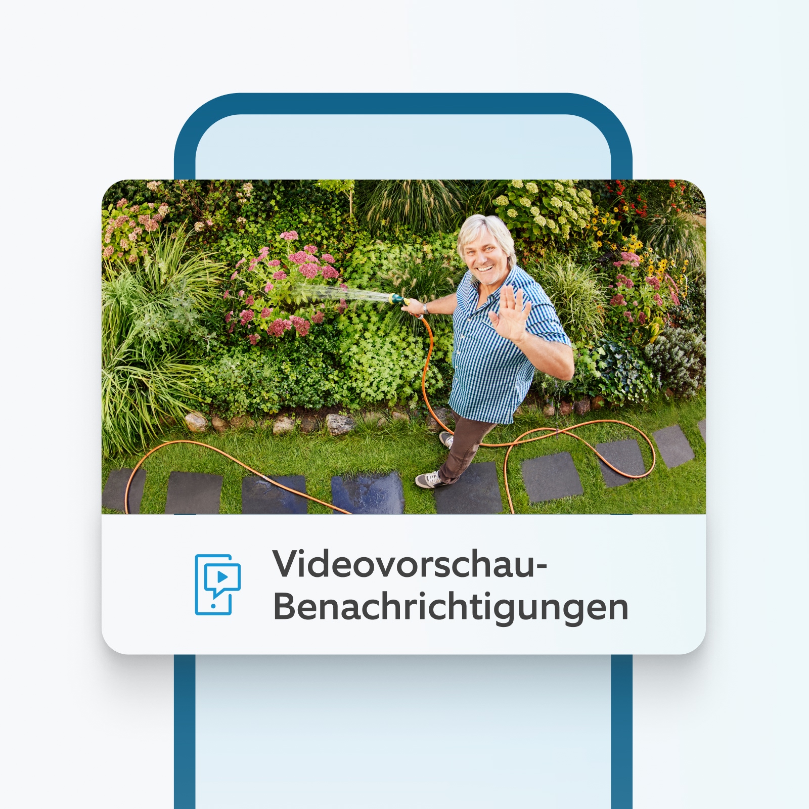 Mann bewässert Garten und winkt in die Kamera, gezeigt in Ring Video-Benachrichtigungsvorschau bei Bewegungserkennung.