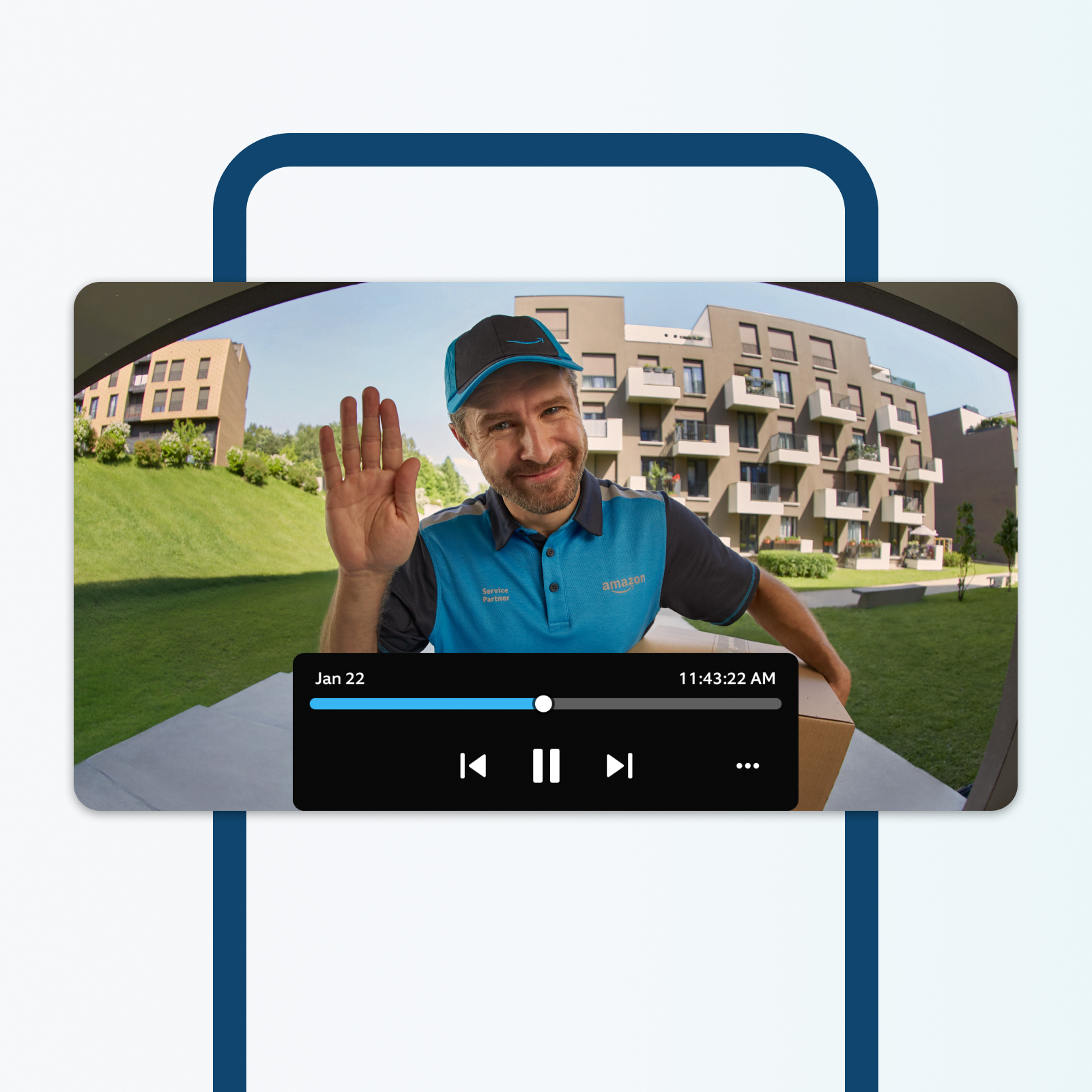 Snapshots of video recording of a delivery person waving at the camera.