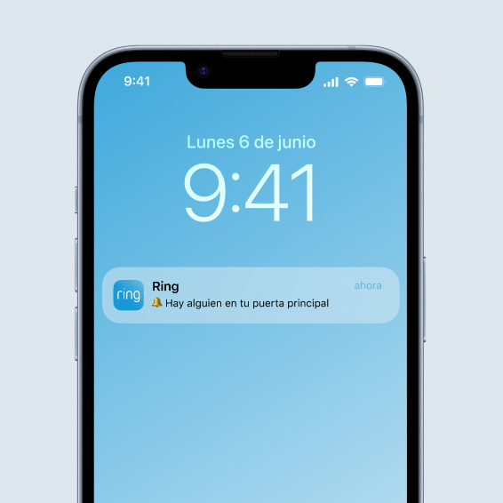 Pantalla de smartphone mostrando una notificación de Ring sobre alguien detectado en la puerta principal.