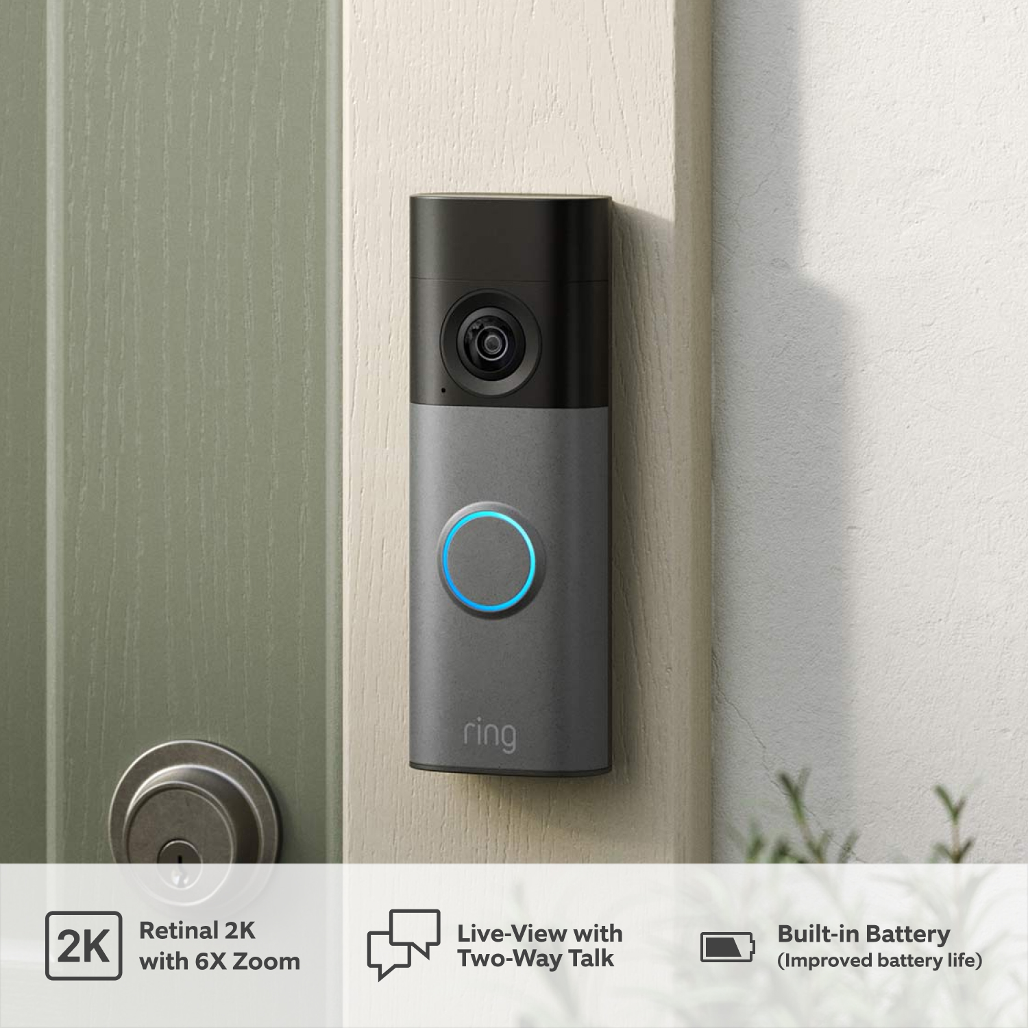 Battery Video Doorbell (newest generation) (for Featuring Retinal 2K) - Battery Video Doorbell mounted on a door post