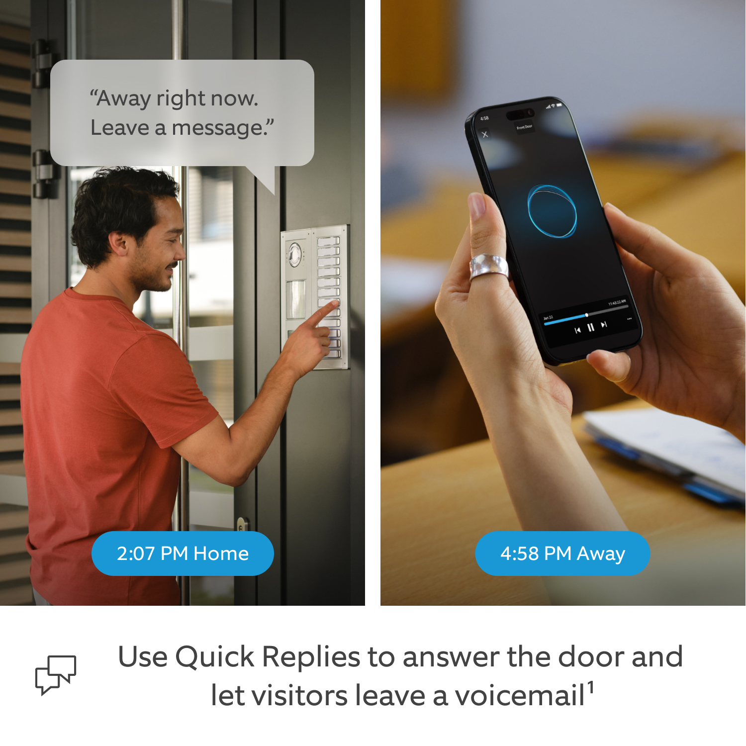 Ring Intercom Audio + Indoor Camera (2nd Gen) - A split screen between a jogger buzzing the main intercom and hearing a prerecorded message (Quick Reply), and a student later in the day rewatching the audio voicemail left by the jogger.