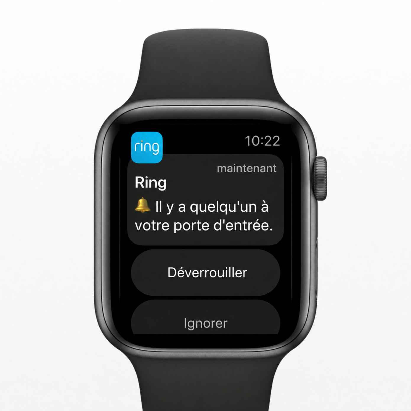 Une Apple Watch affichant la notification de l'interphone Ring.